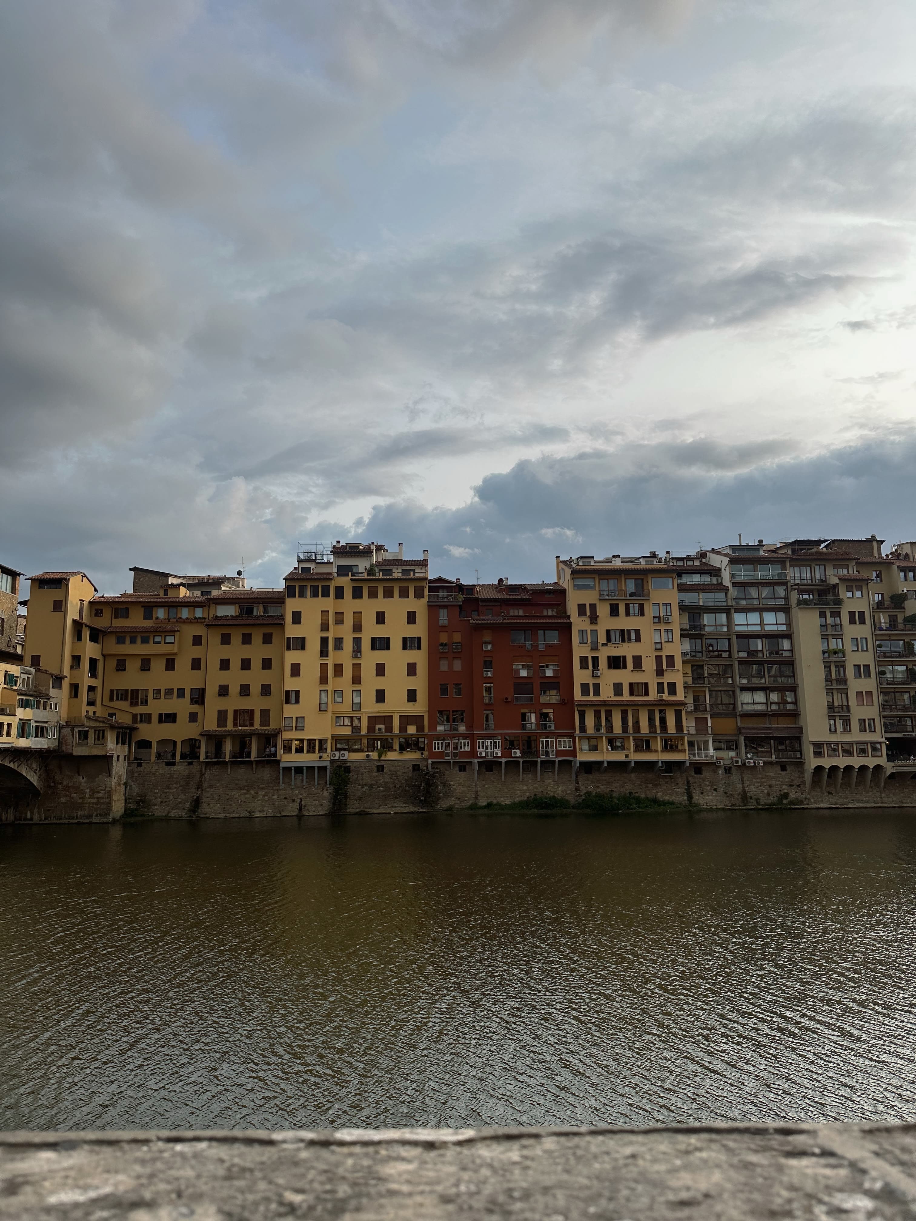 View of the buildings constructed along the Arno River, Ponte Vecchio bridge is also slightly visible along the side
