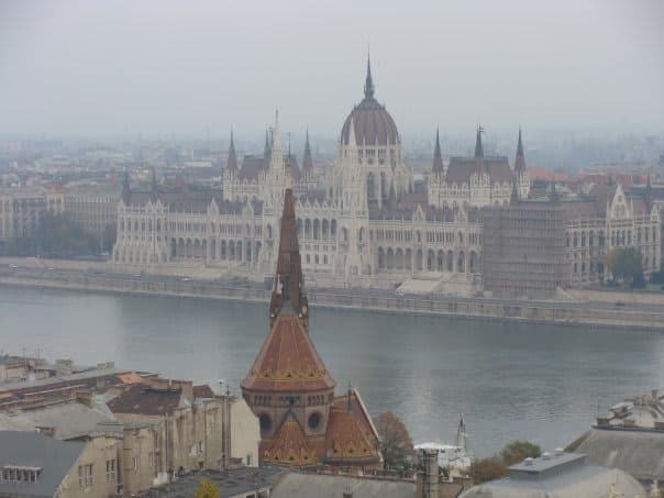 View of the Hungarian Parliament Building in Budapest on a very hazy day
