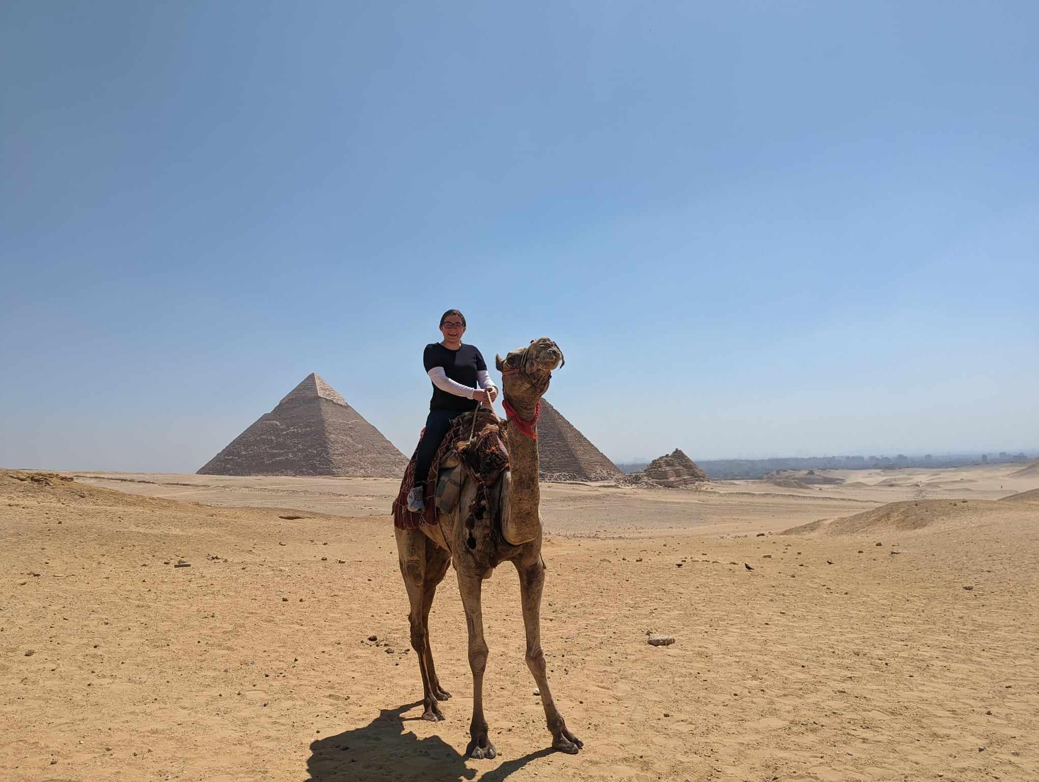 Madison sitting on a camel with the pyramids visible in the background