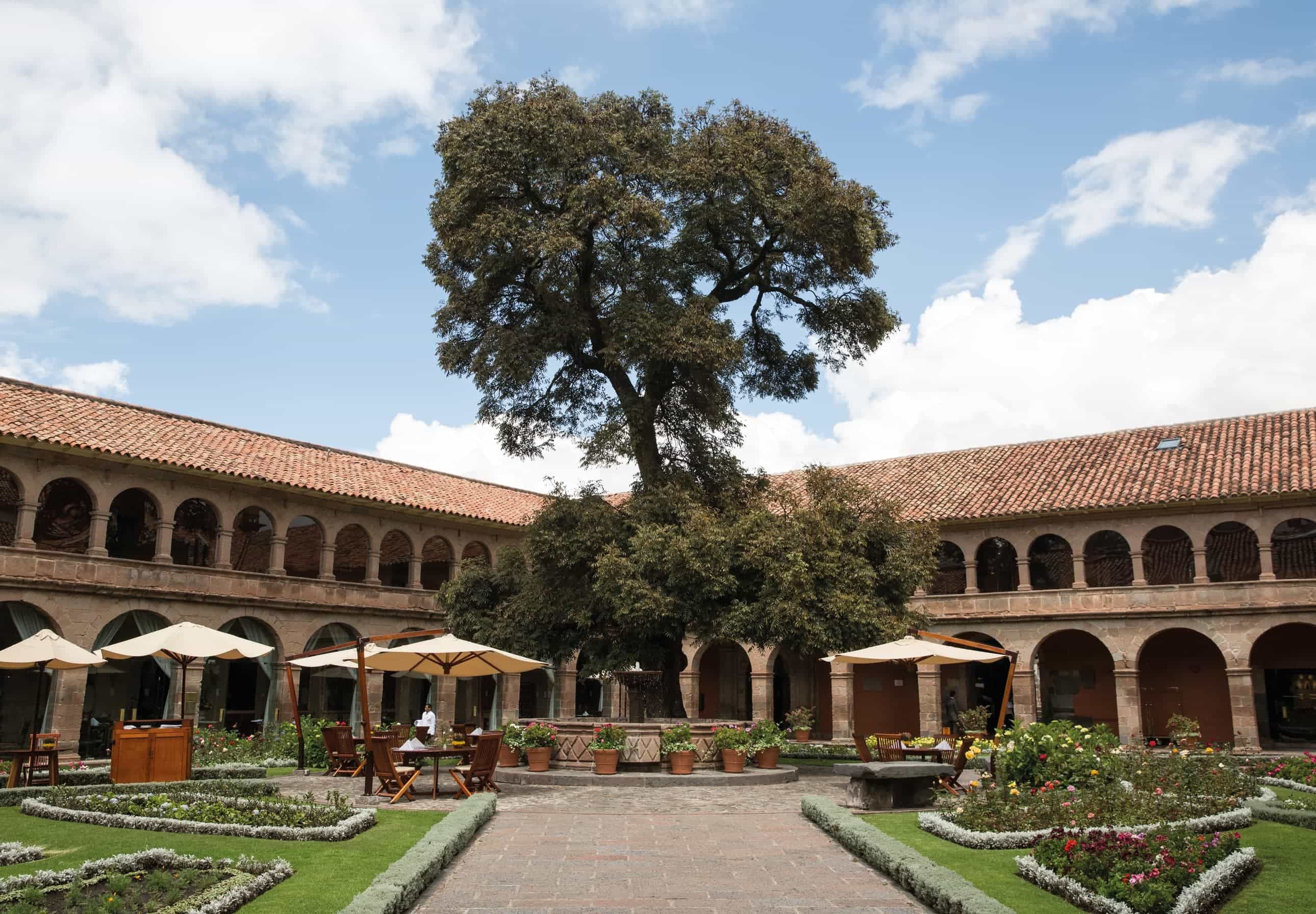 a tall tree and gardens in a rustic building courtyard with stone arches