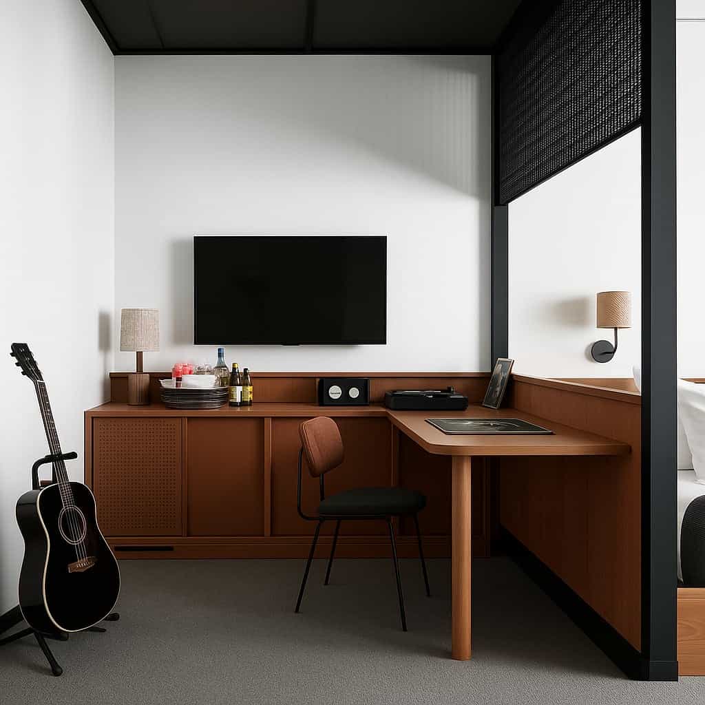 Stylish hotel room with a warm wood desk and cabinet setup featuring a TV, record player, and minibar. A guitar rests on a stand beside the desk, while part of a modern bed with neutral bedding is visible on the right.