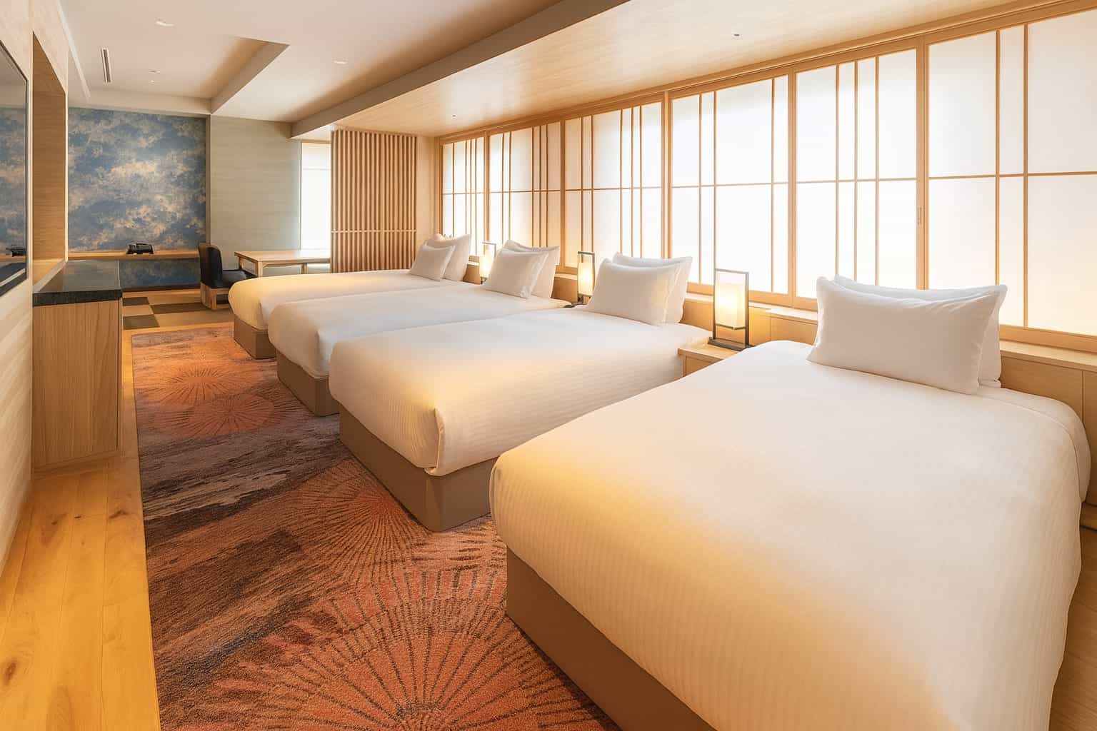 Spacious Japanese-inspired hotel room featuring four neatly arranged single beds with white linens. Soft shoji-style screens line the entire wall, letting in diffused natural light, while warm wood accents and a patterned rug add texture