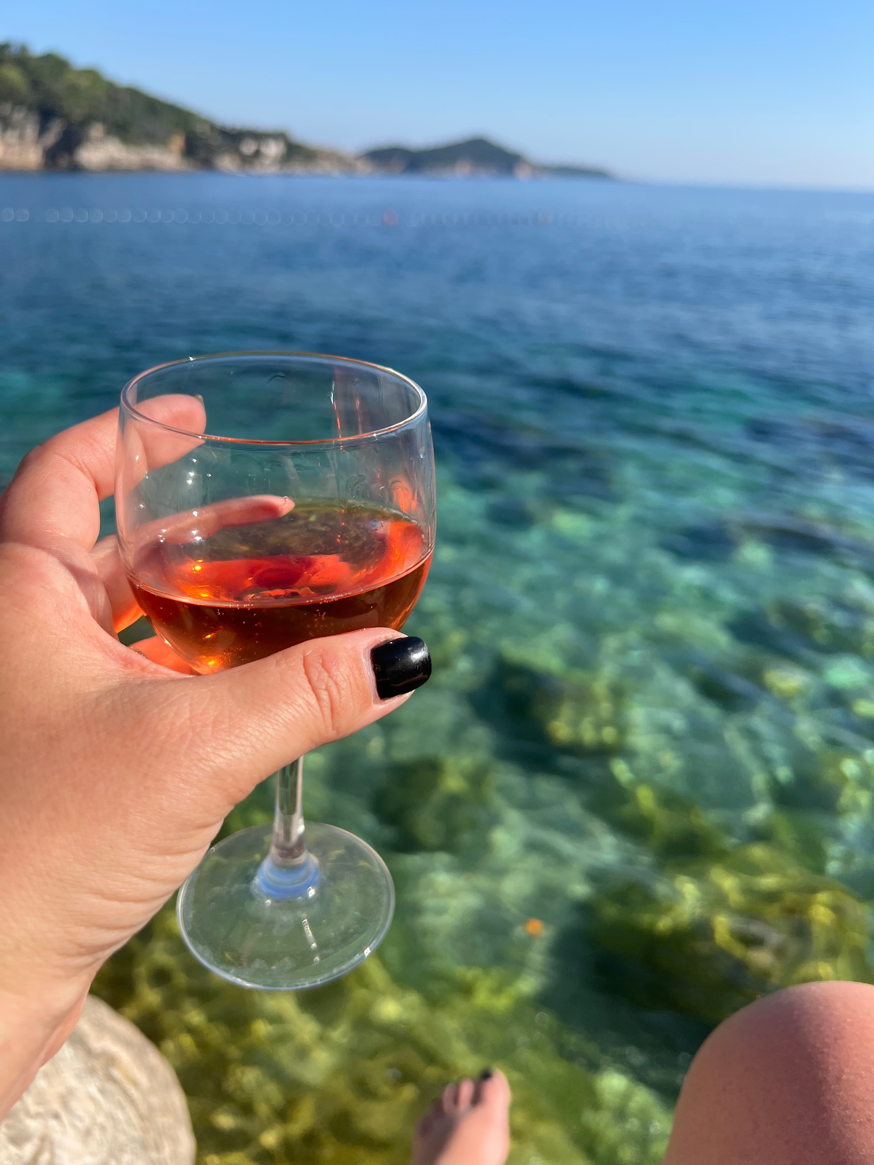 Advisor holding a glass of wine with the ocean in the distance on a sunny day.
