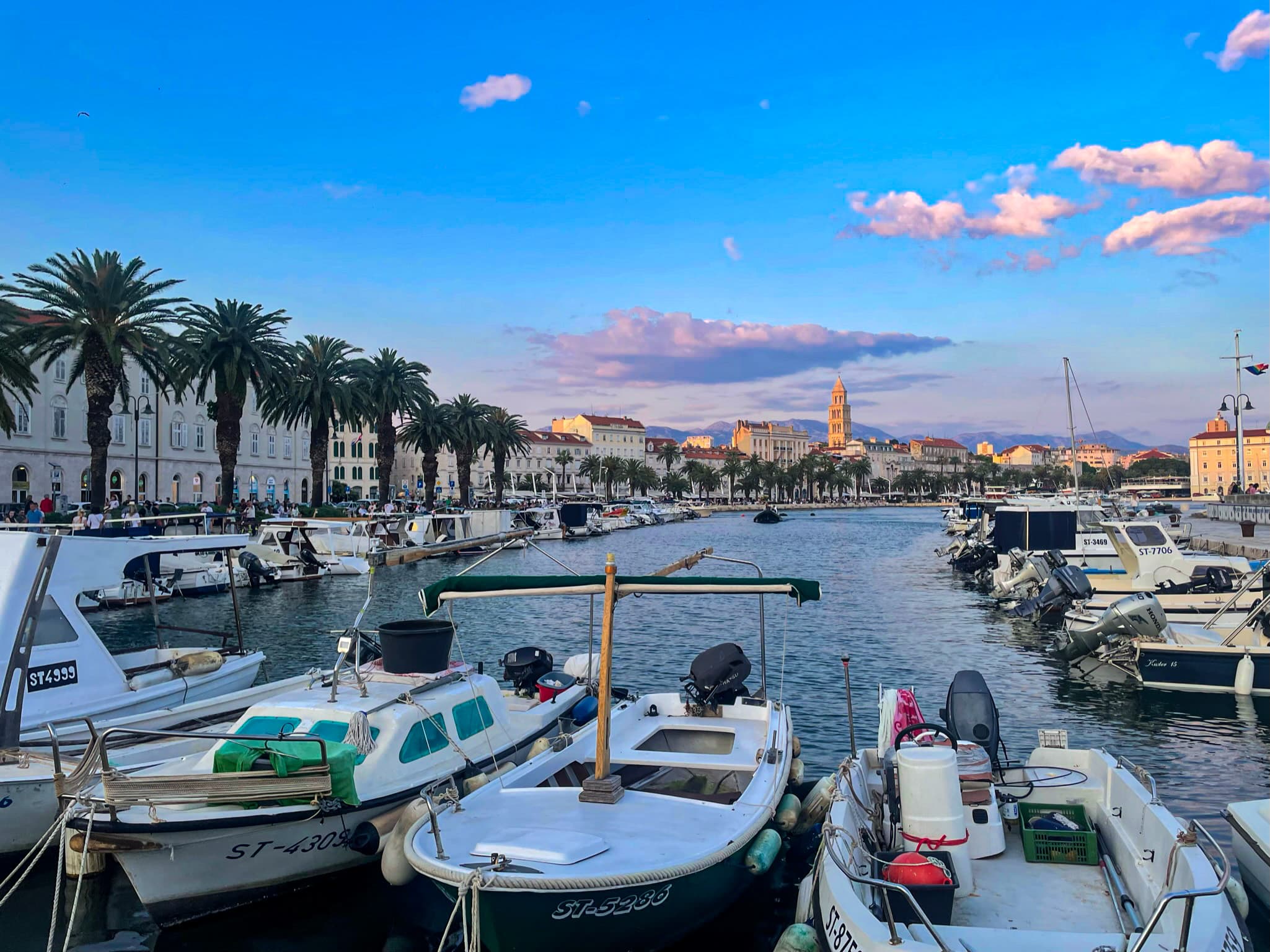 A beautiful boat dock with rows of boats and the ocean in the distance at dusk with a pink sunset.