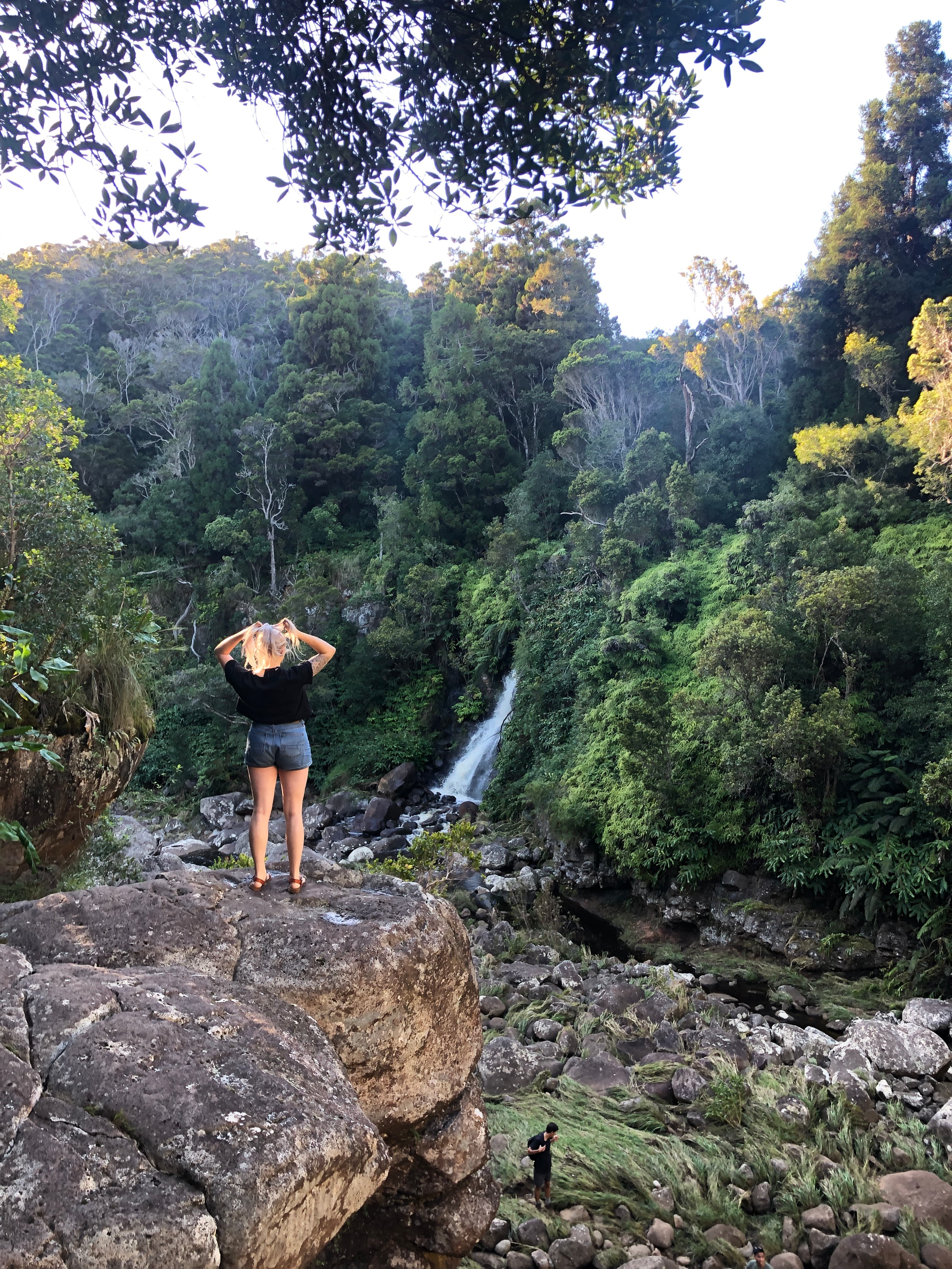 Advisor standing in nature with a waterfall in the distance on a hike during the daytime.