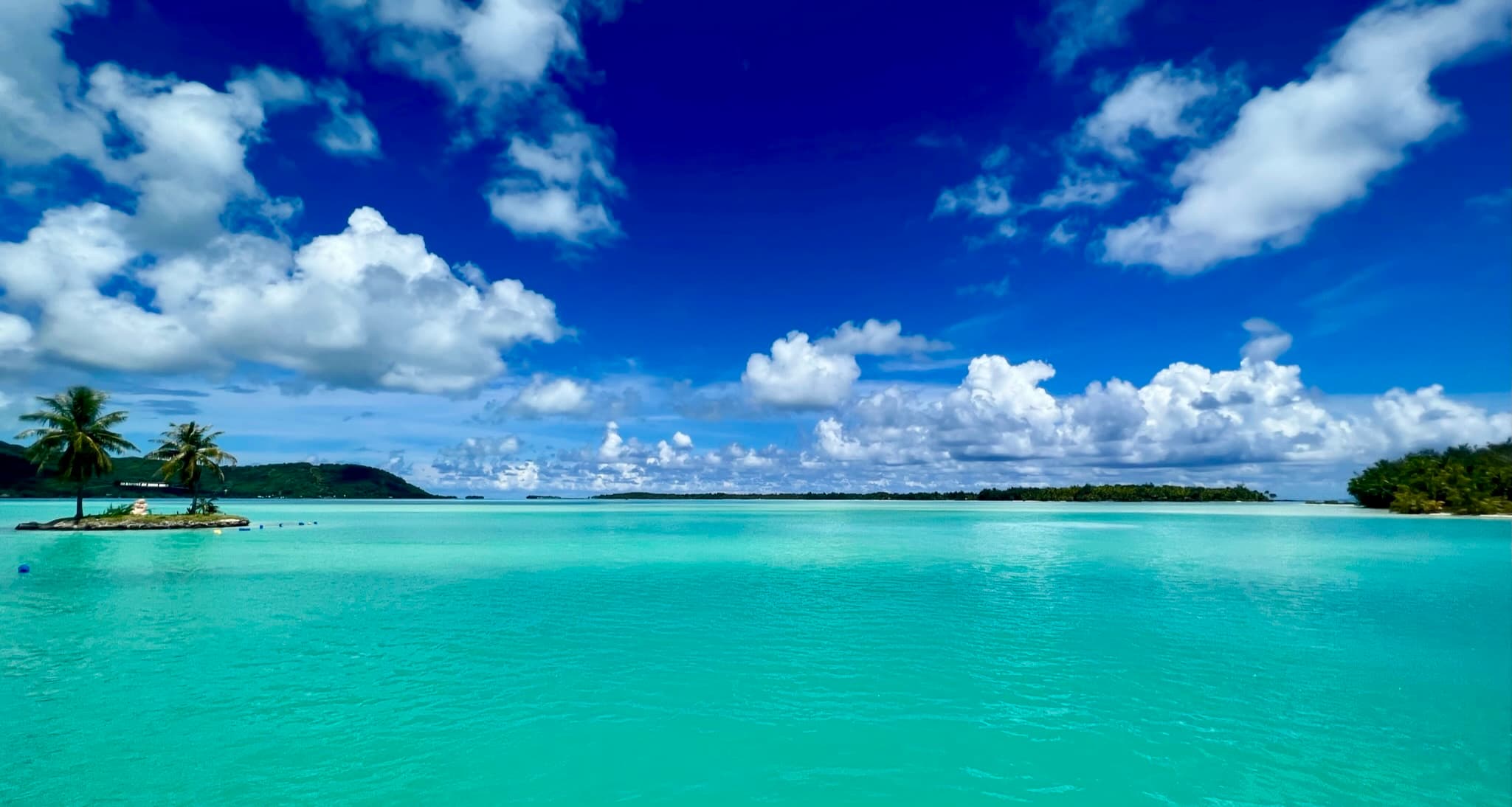 An image of the ocean on a sunny day with light clouds in the sky and palm trees on a distant island.