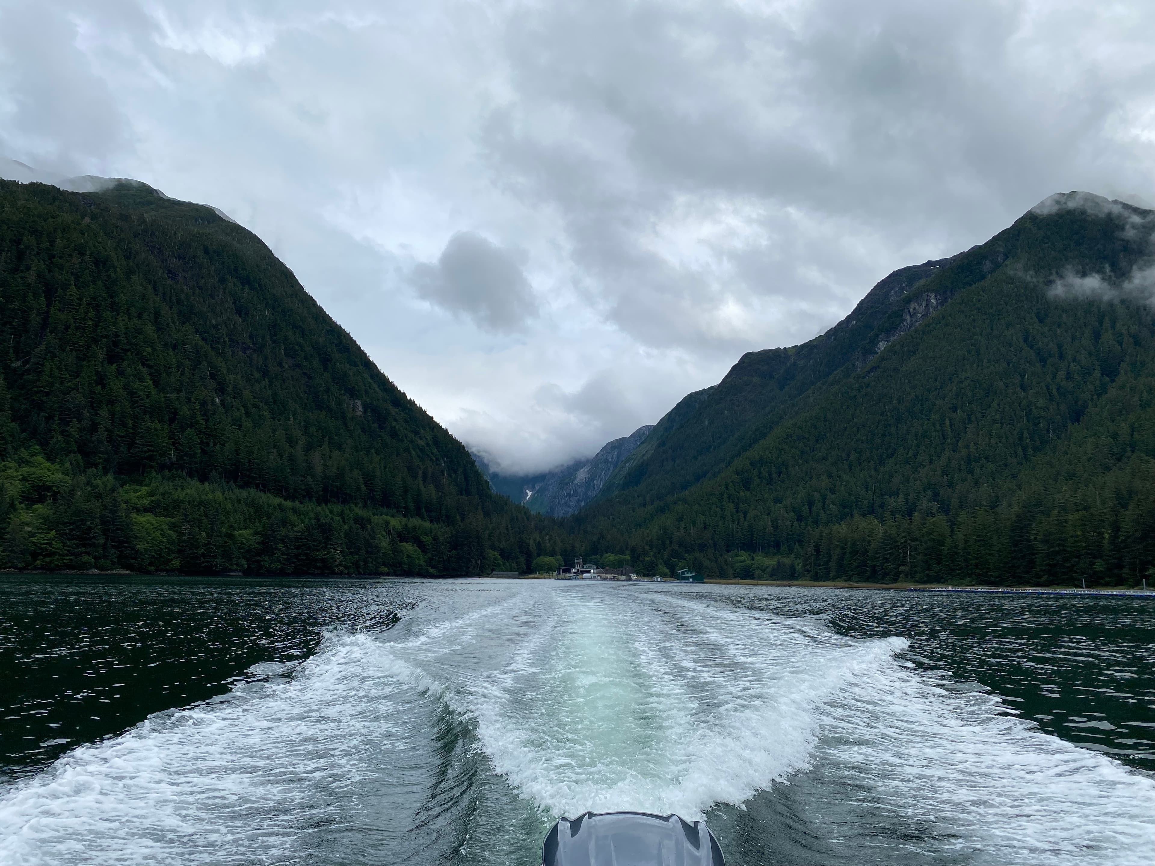 Beautiful view from the back of a boat of lush mountains towering over a lake on a cloudy day