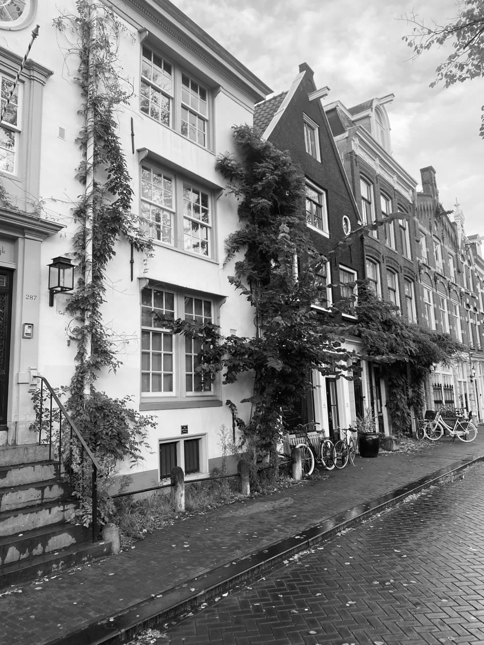 Black and white photo of an empty sidewalk and canal houses in Amsterdam