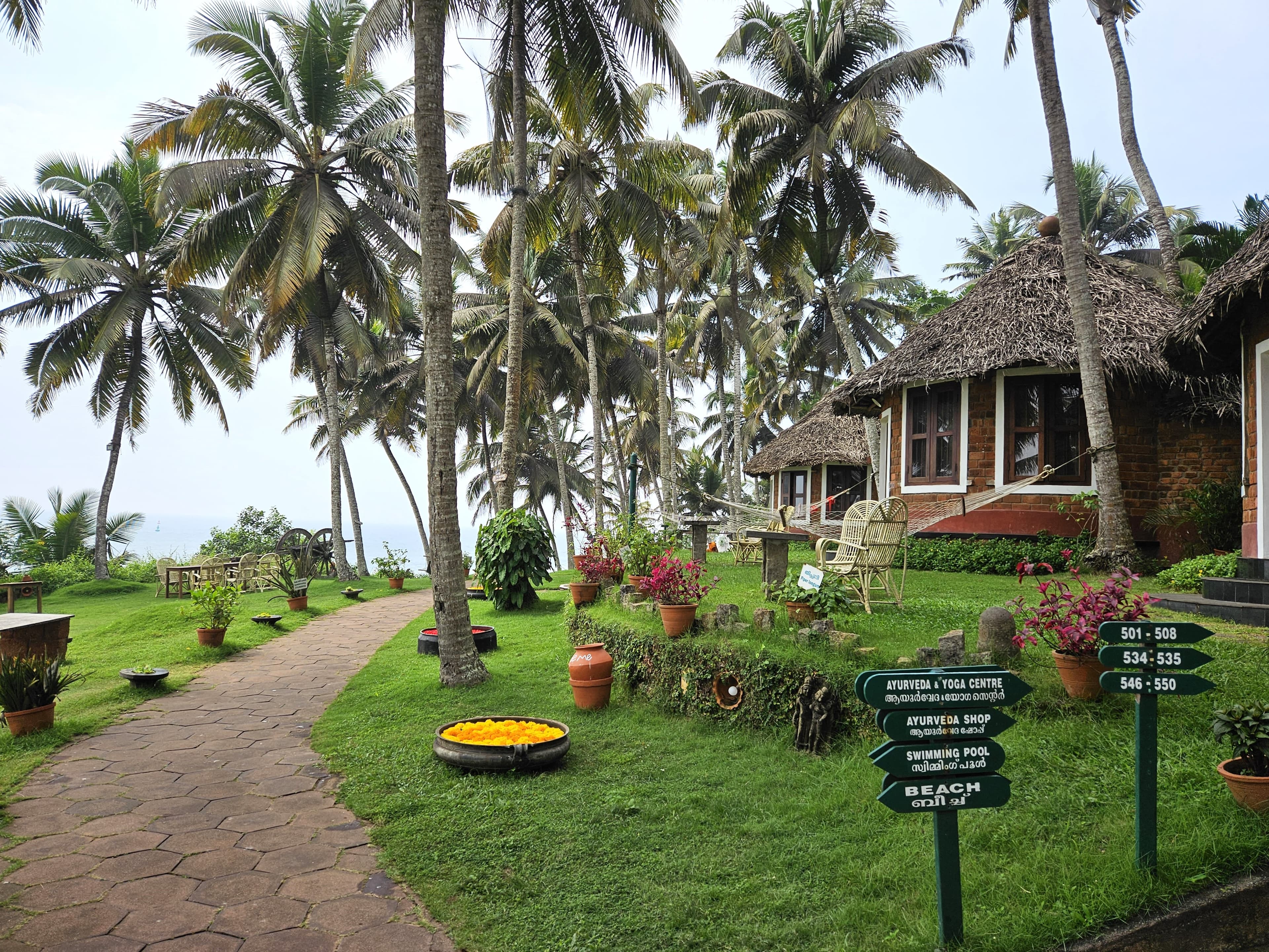 A path leading to bungalows surrounded by green grass and palm trees and the ocean in the distance.