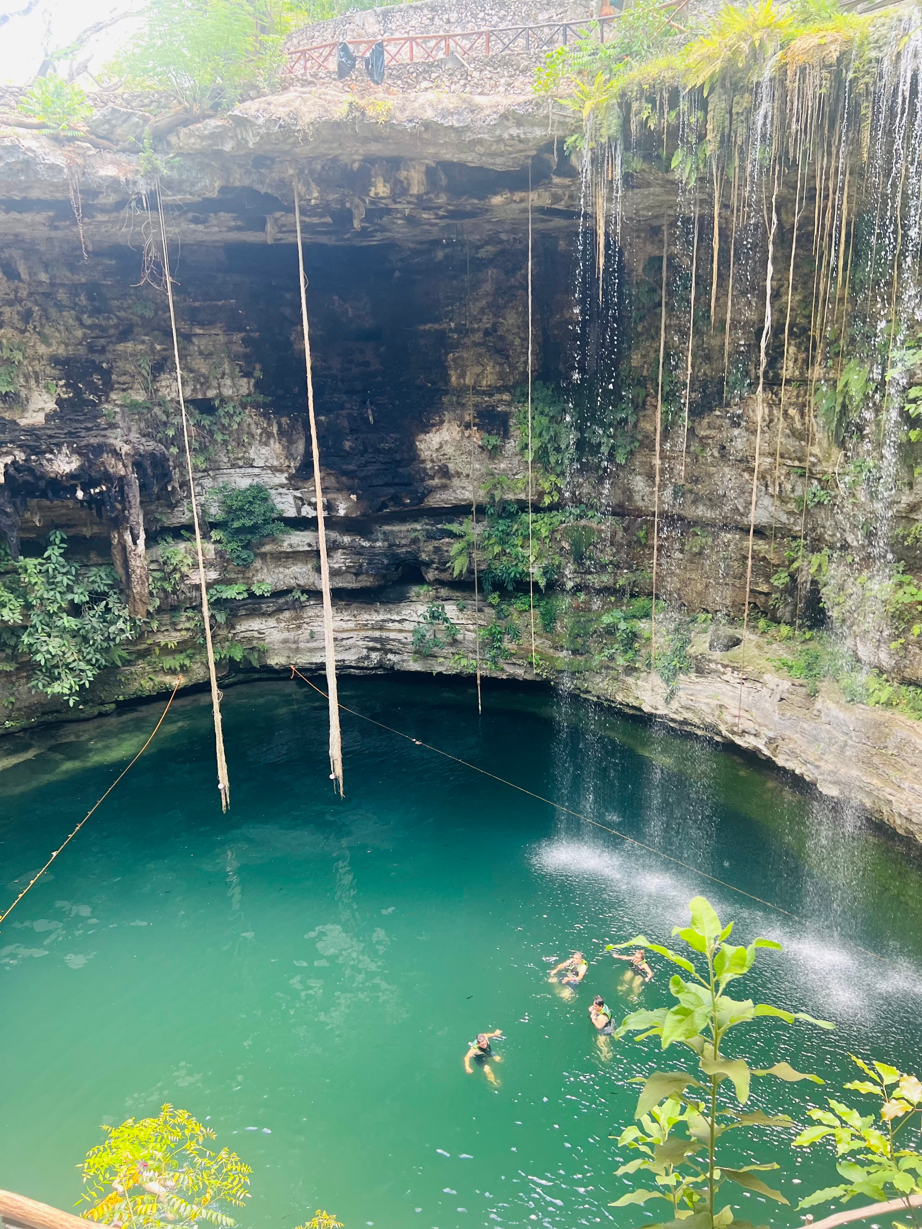 Beautiful view of an empty cenote with vines and a small waterfall reaching down towards the water