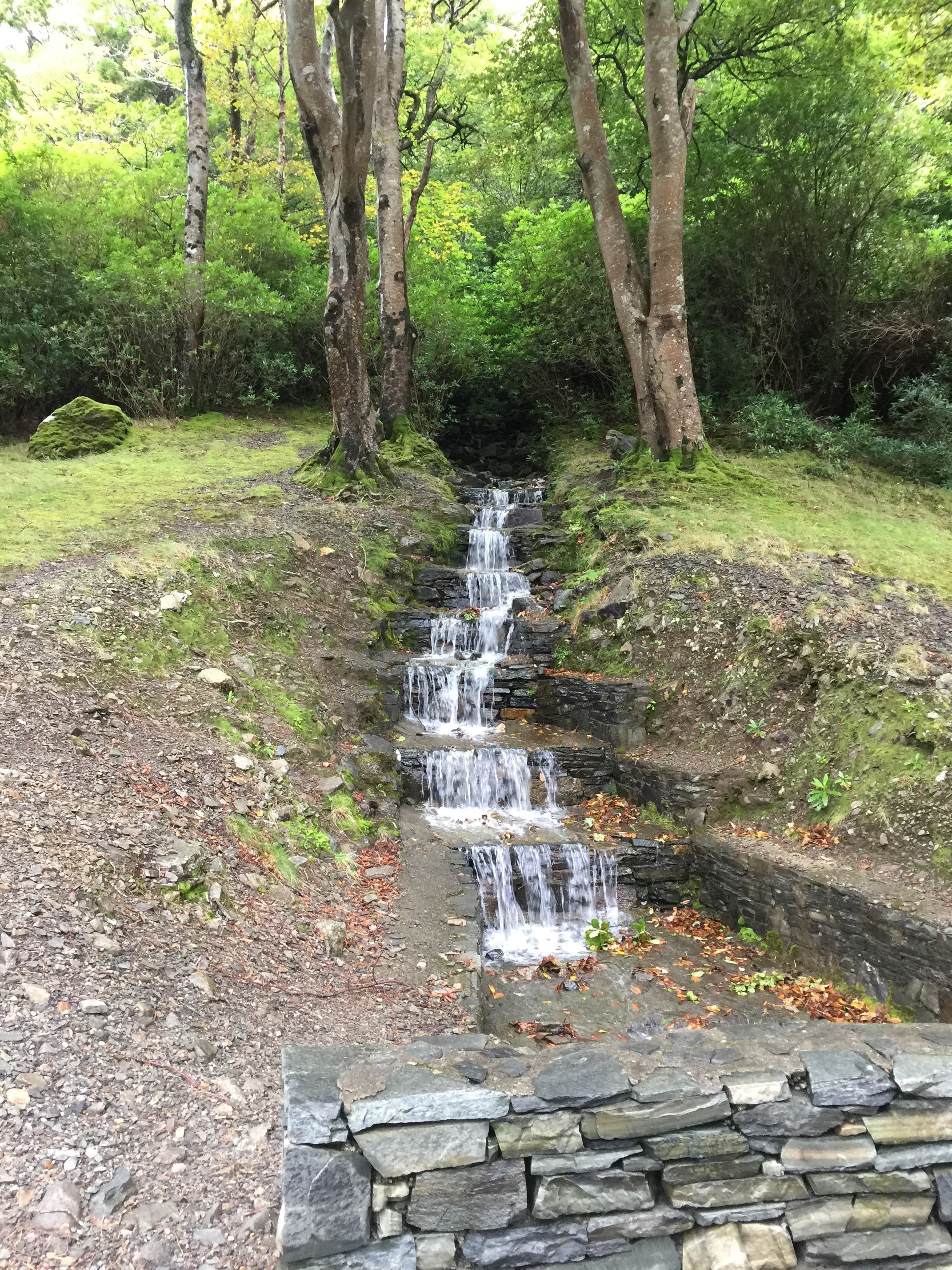 A small waterfall trickling down stone steps surrounded by trees at the Kylemore Abbey Grounds