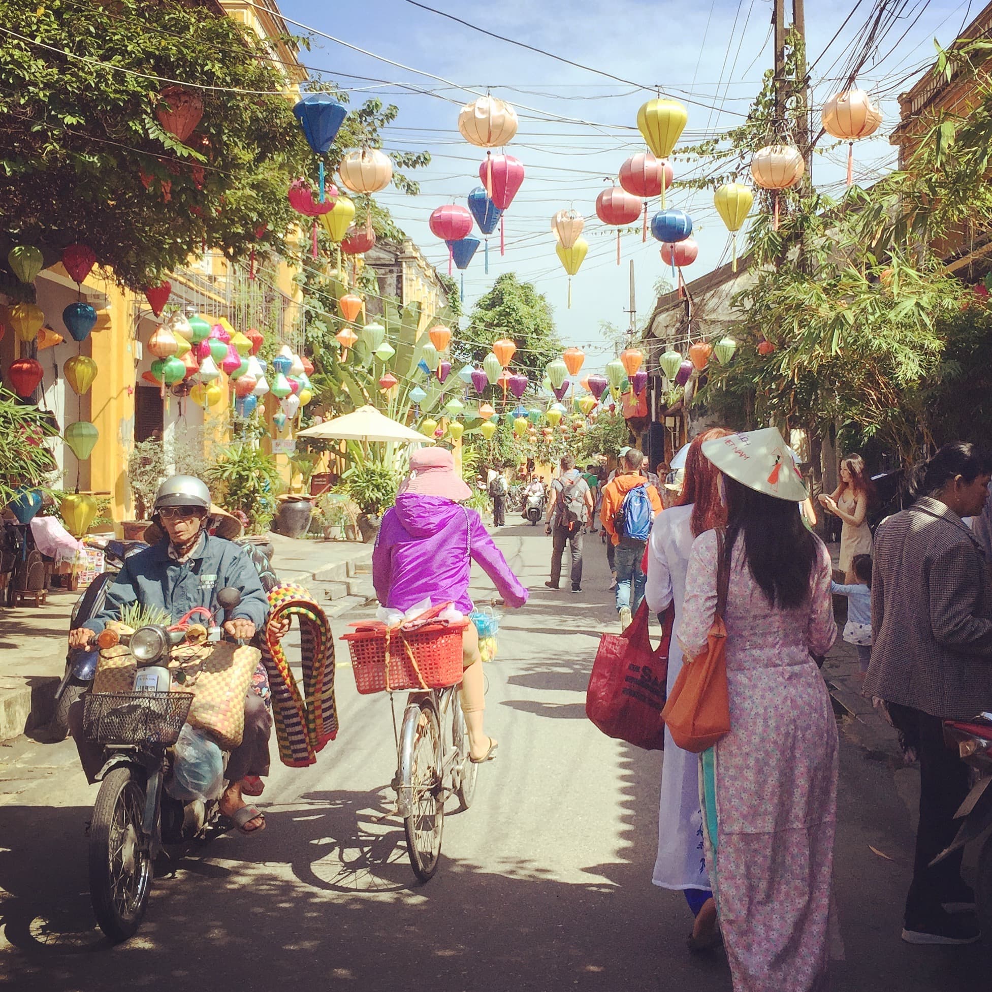A view of a busy street with people on bicycles and colorful lanterns lining the street on a sunny day.