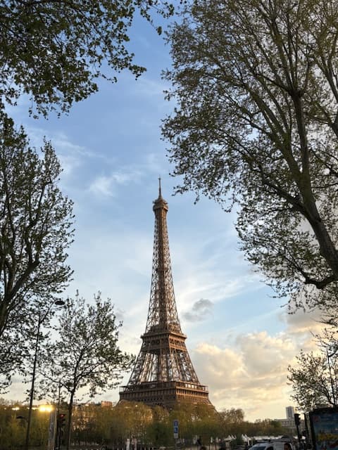 The Eiffel Tower at sunset.