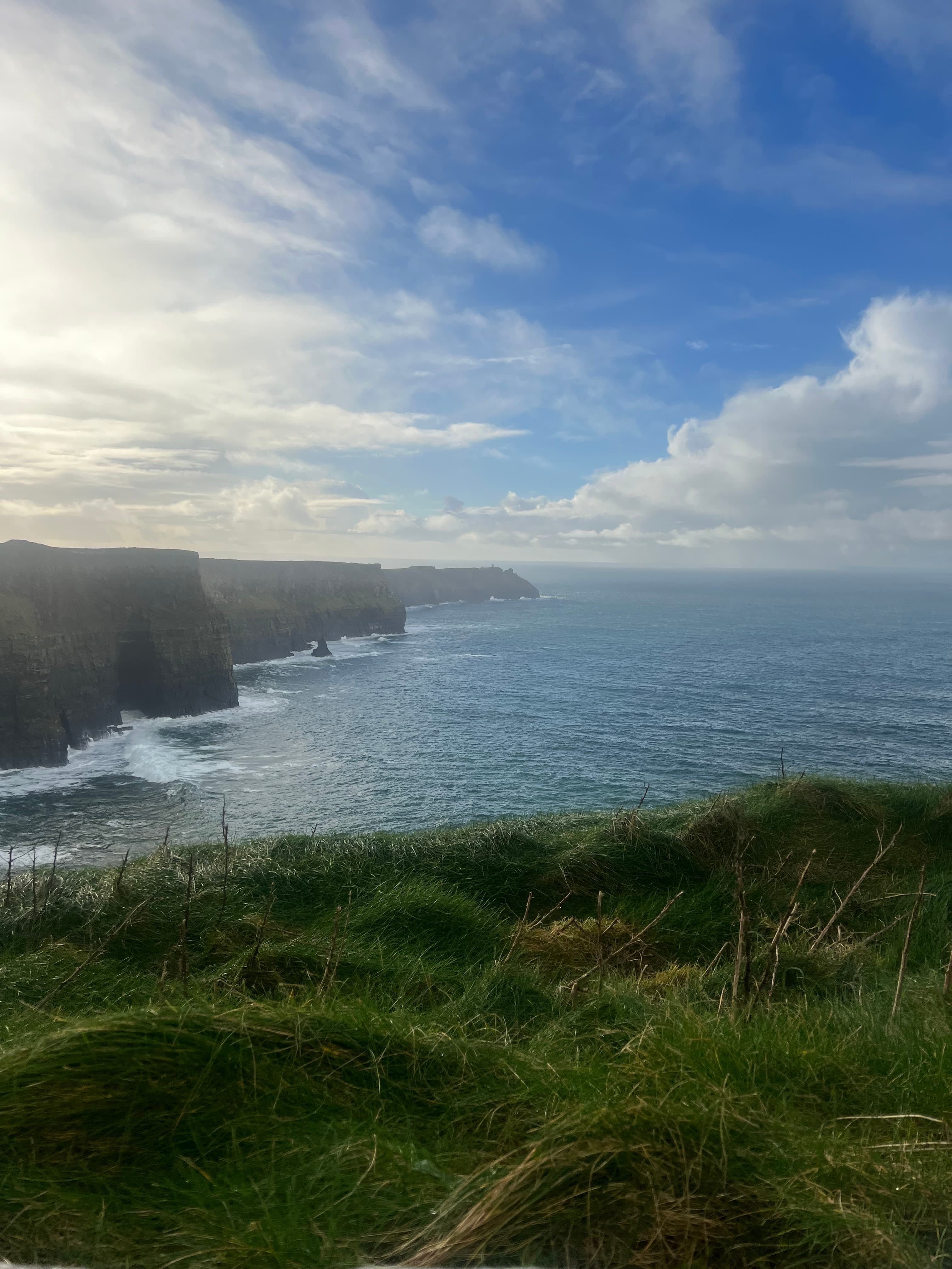 Beautiful view of a green field leading to a dramatic cliff coastline under sunny skies