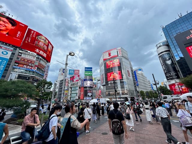View of a busy street with many pedestrians and colorful billboards under overcast skies