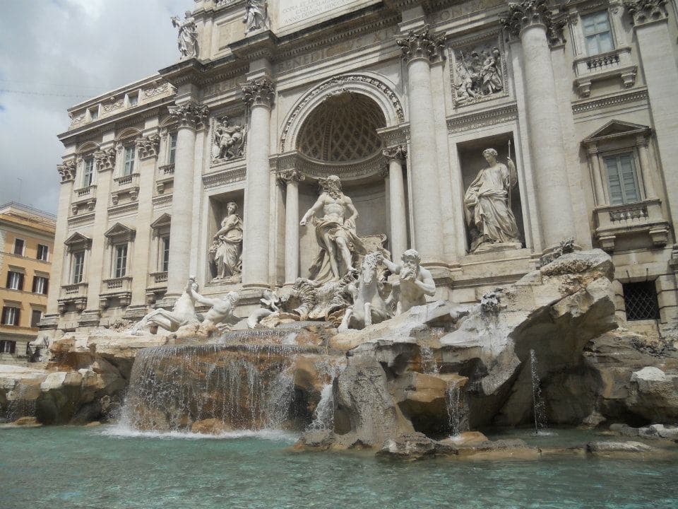 View of the Trevi Fountain in Rome under cloudy skies