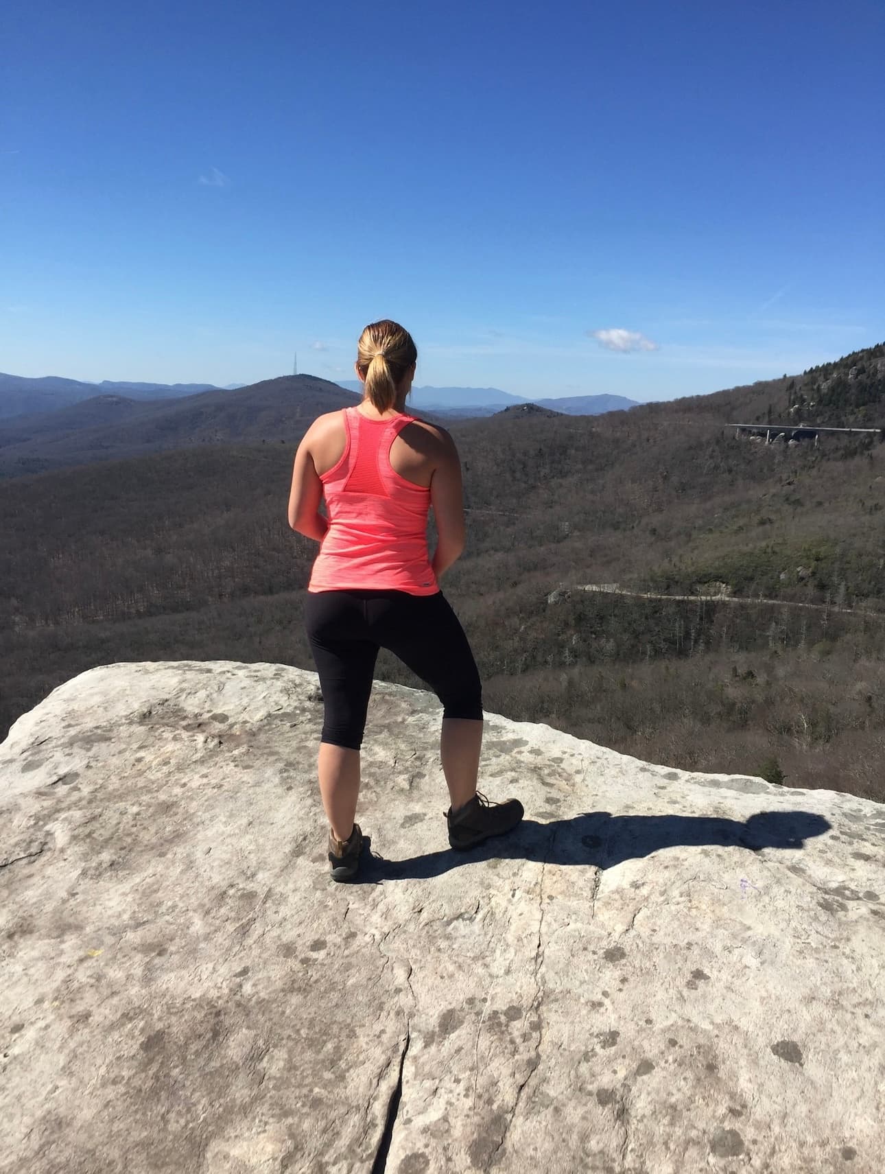 Advisor in coral shirt standing on top of a mountain during the daytime.