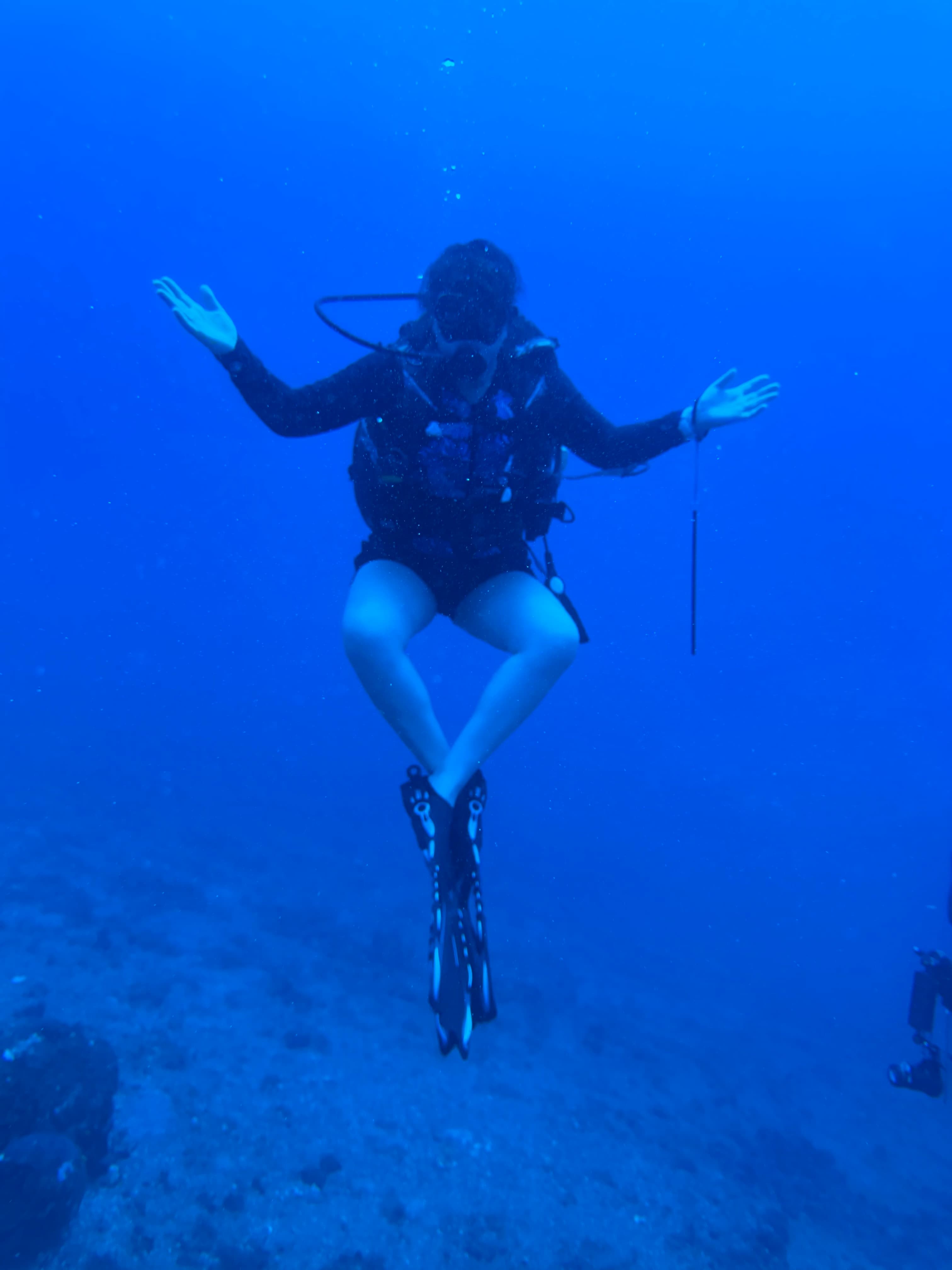 Dani in scuba gear seen underwater with her arms raised