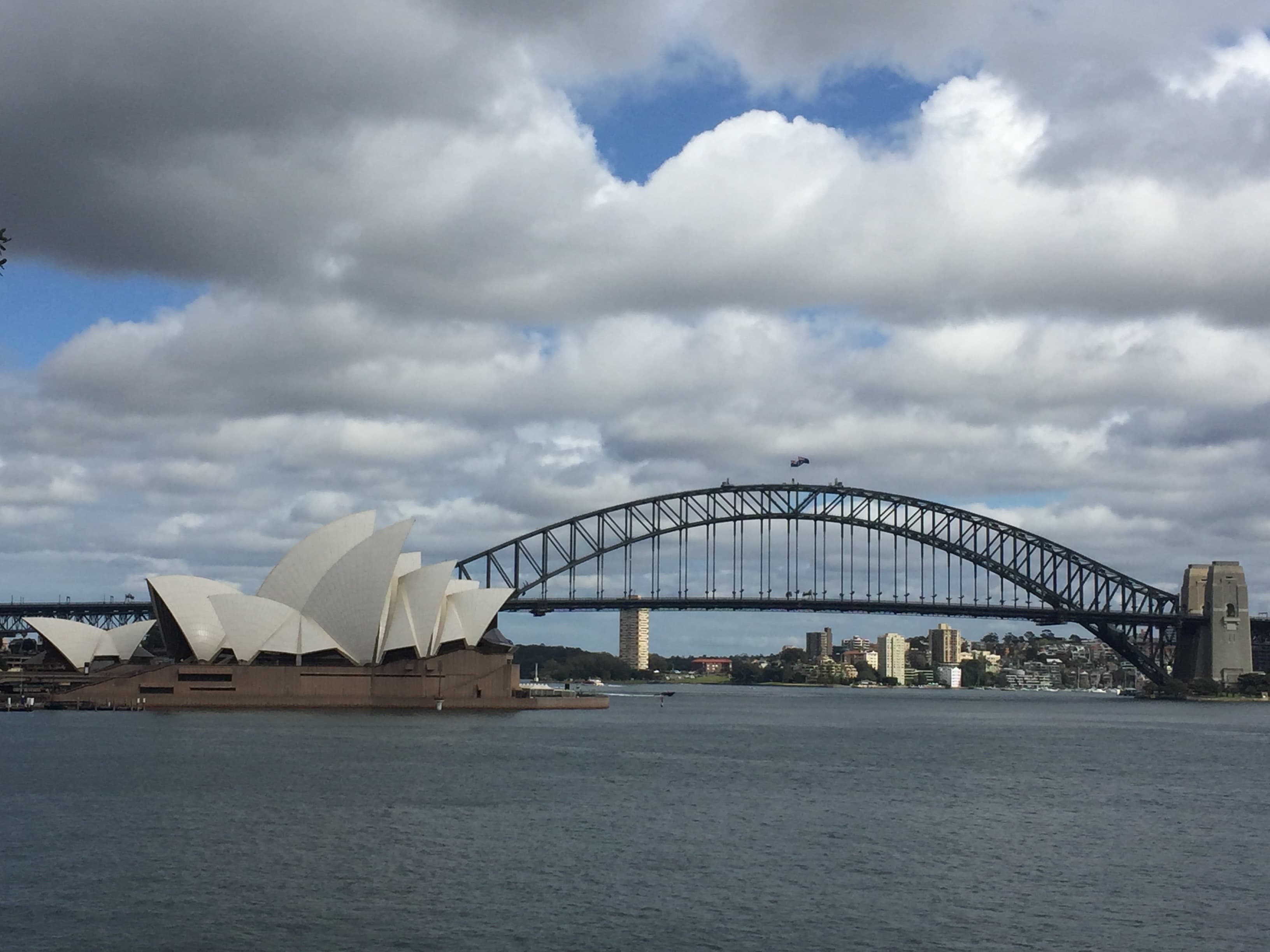 View of the Sydney Harbor Bridge and Opera House from across the bay under partly cloudy skies