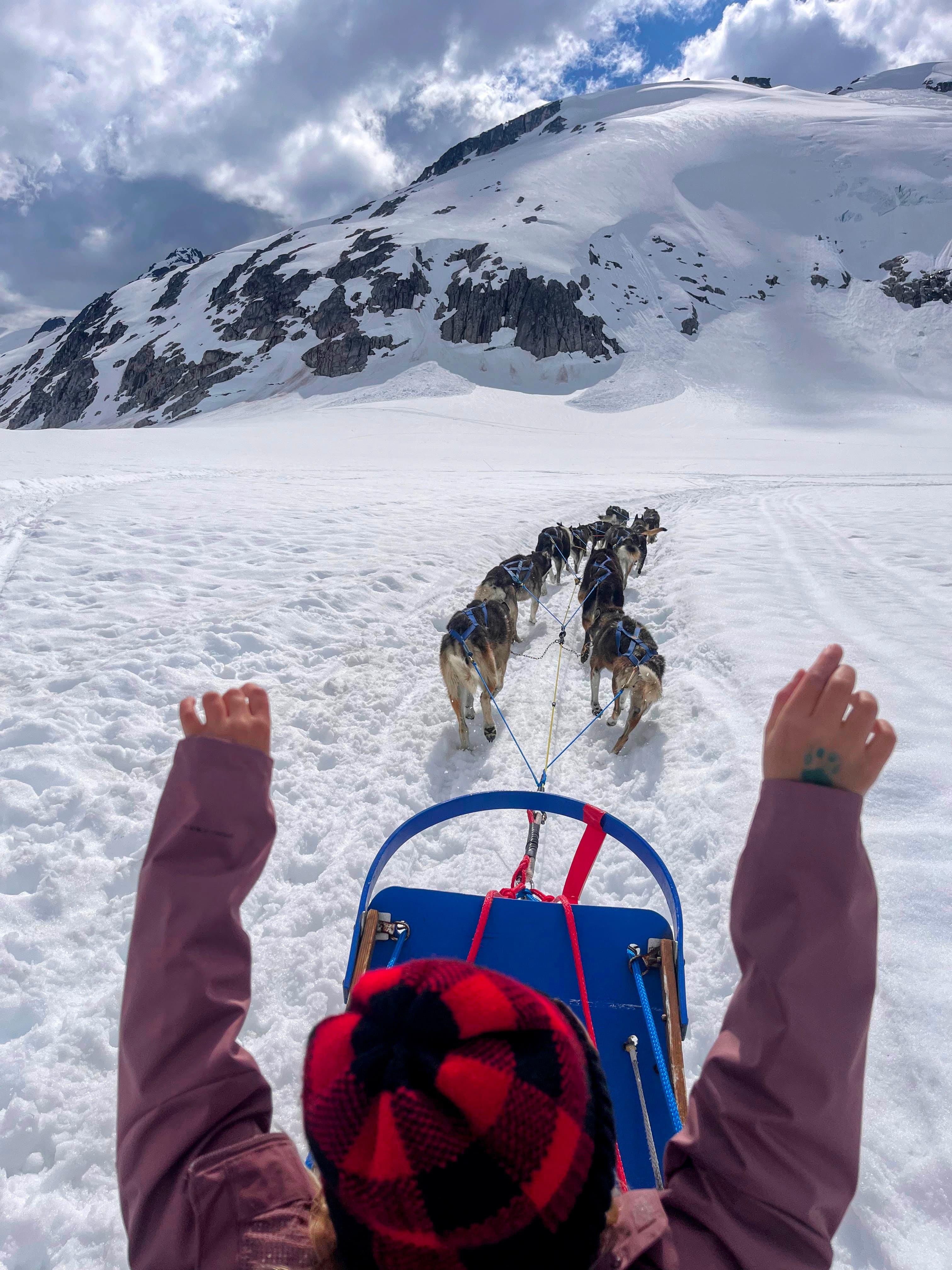 View of sled dogs pulling a sleigh through a snowy mountain landscape during the day