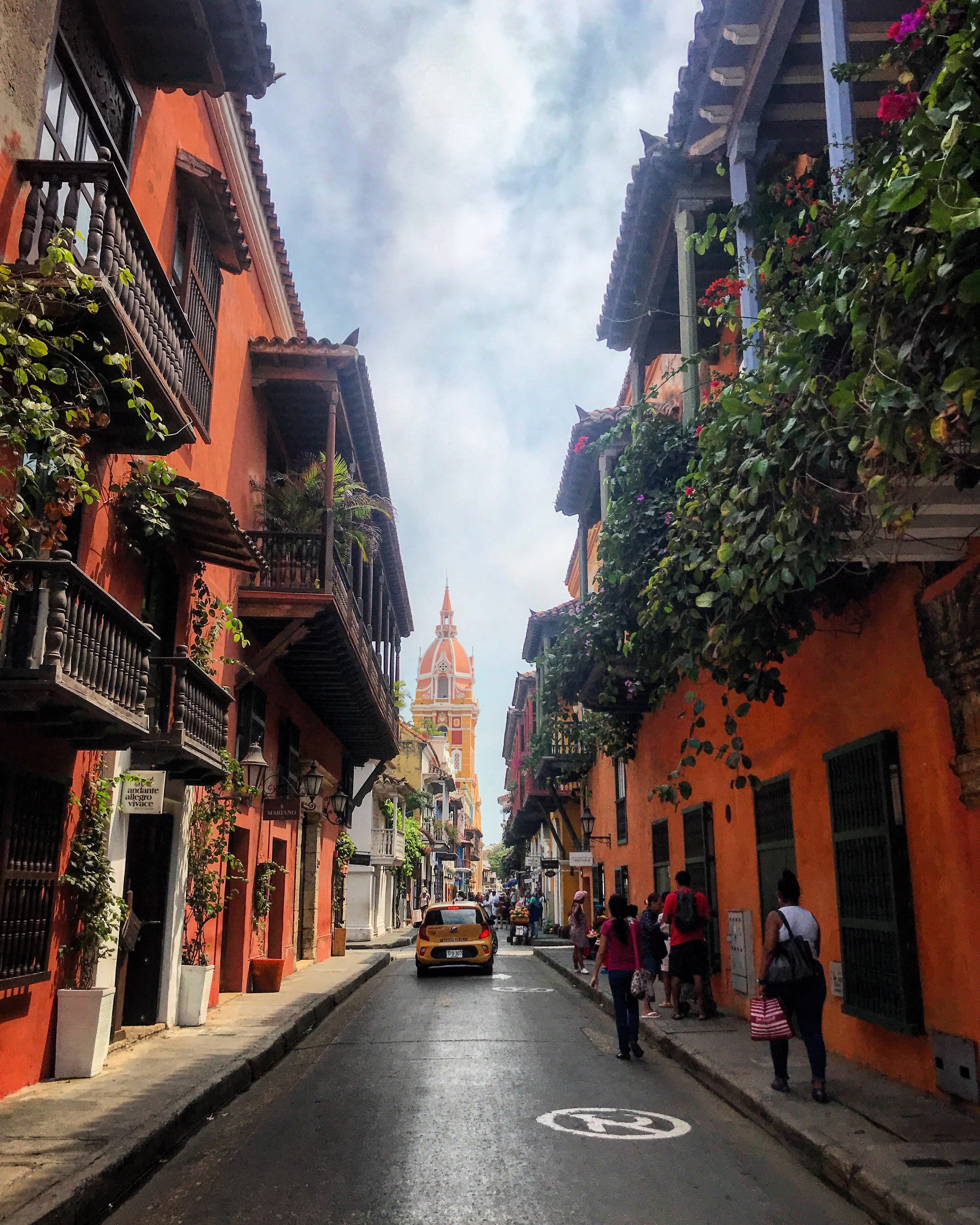 Beautiful view of a city street lined with orange buildings covered with vines