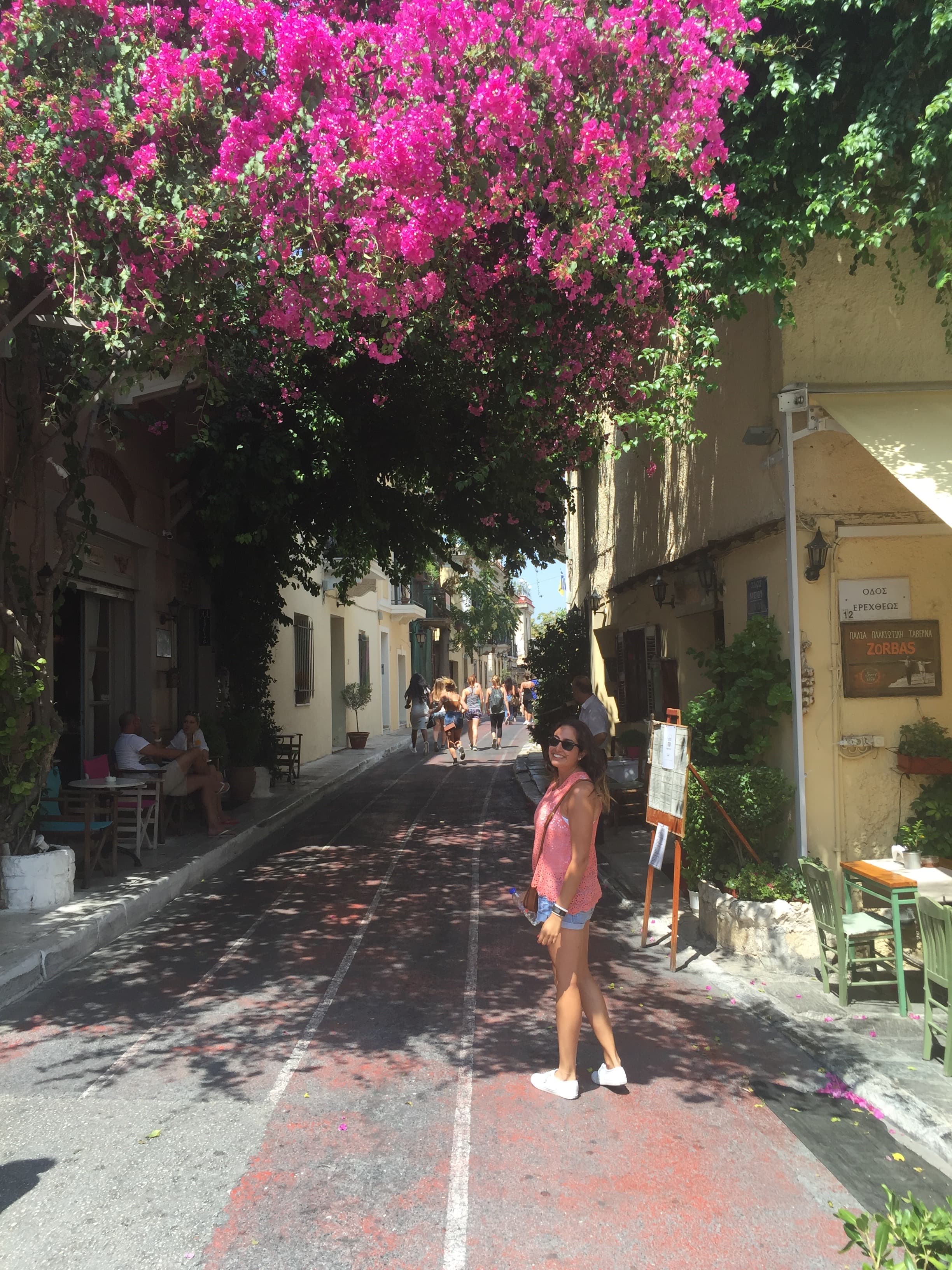 Michelle standing on a road with a pink flowering tree overhead on a sunny day