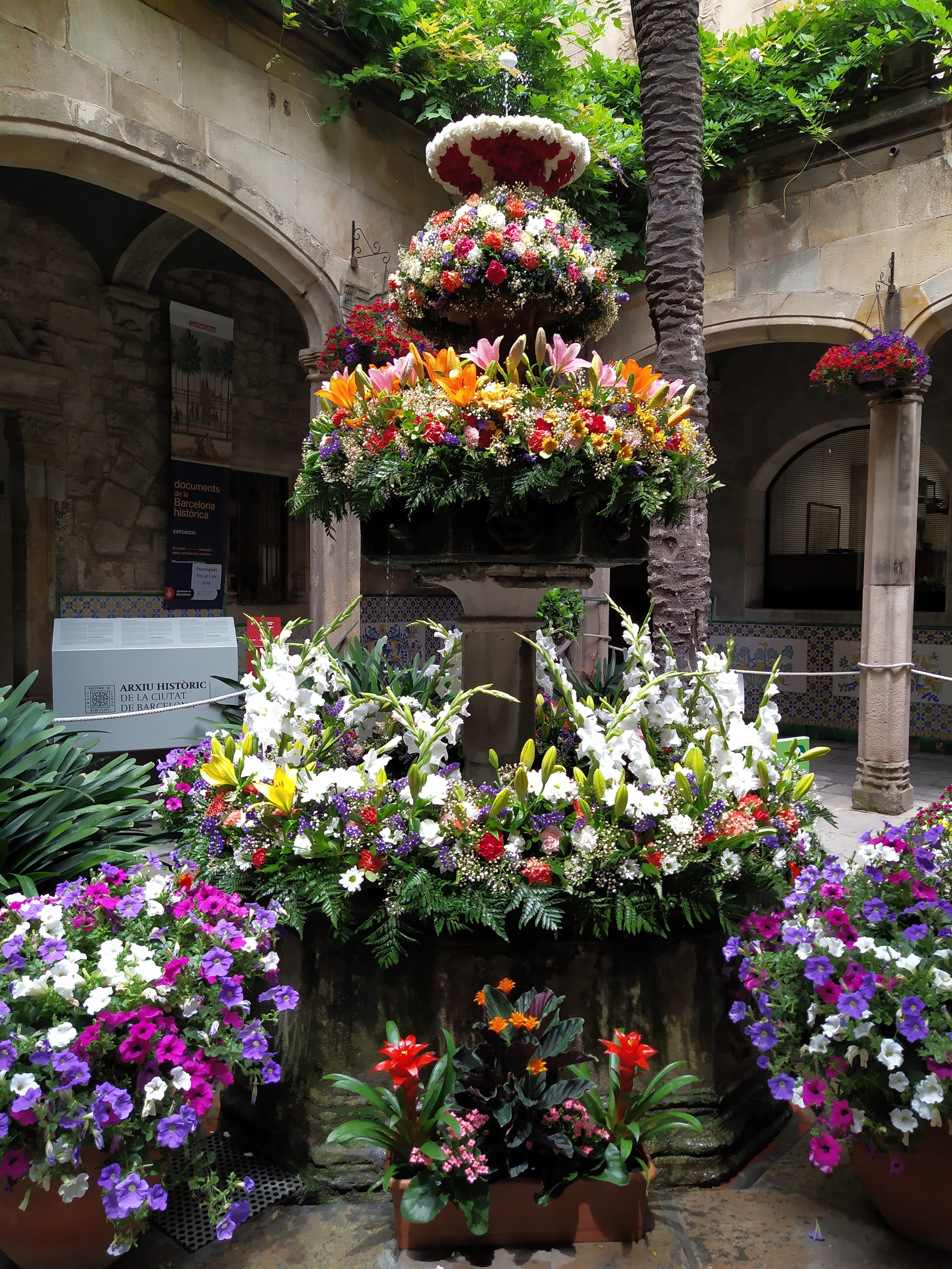 View of a beautiful flower display outdoors in a courtyard