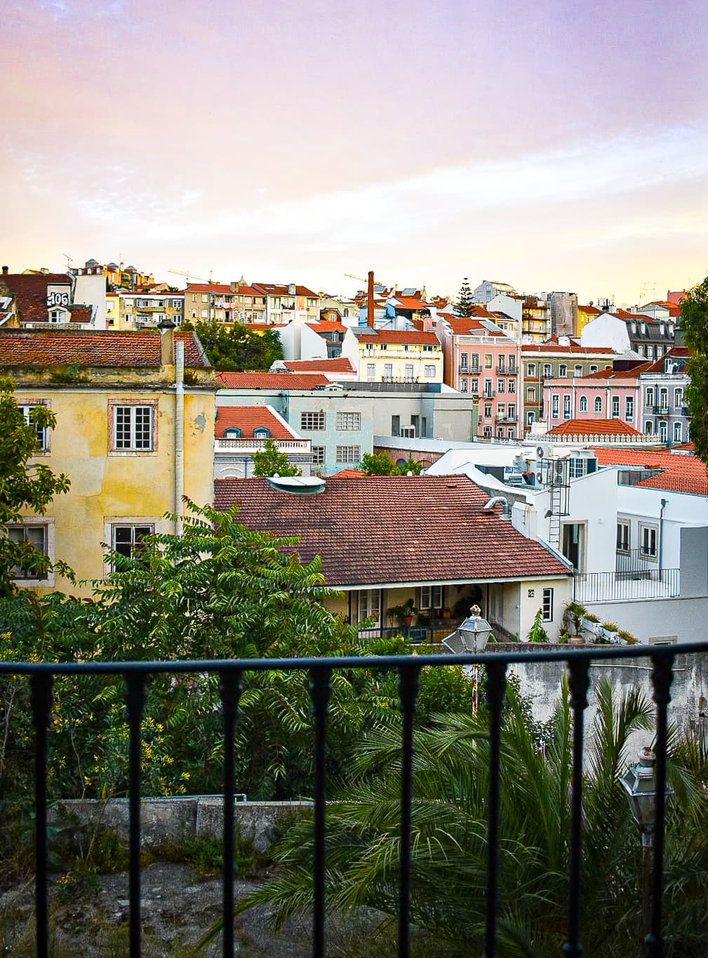 Views of traditional buildings at sunset.