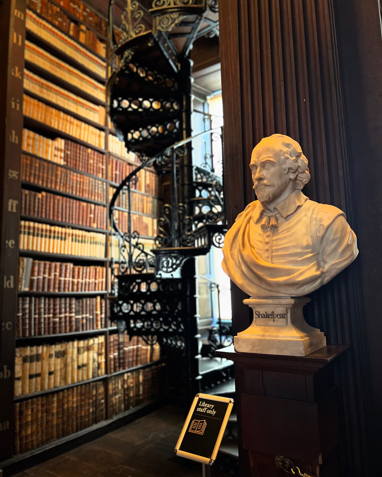 Statue by a bookshelf.