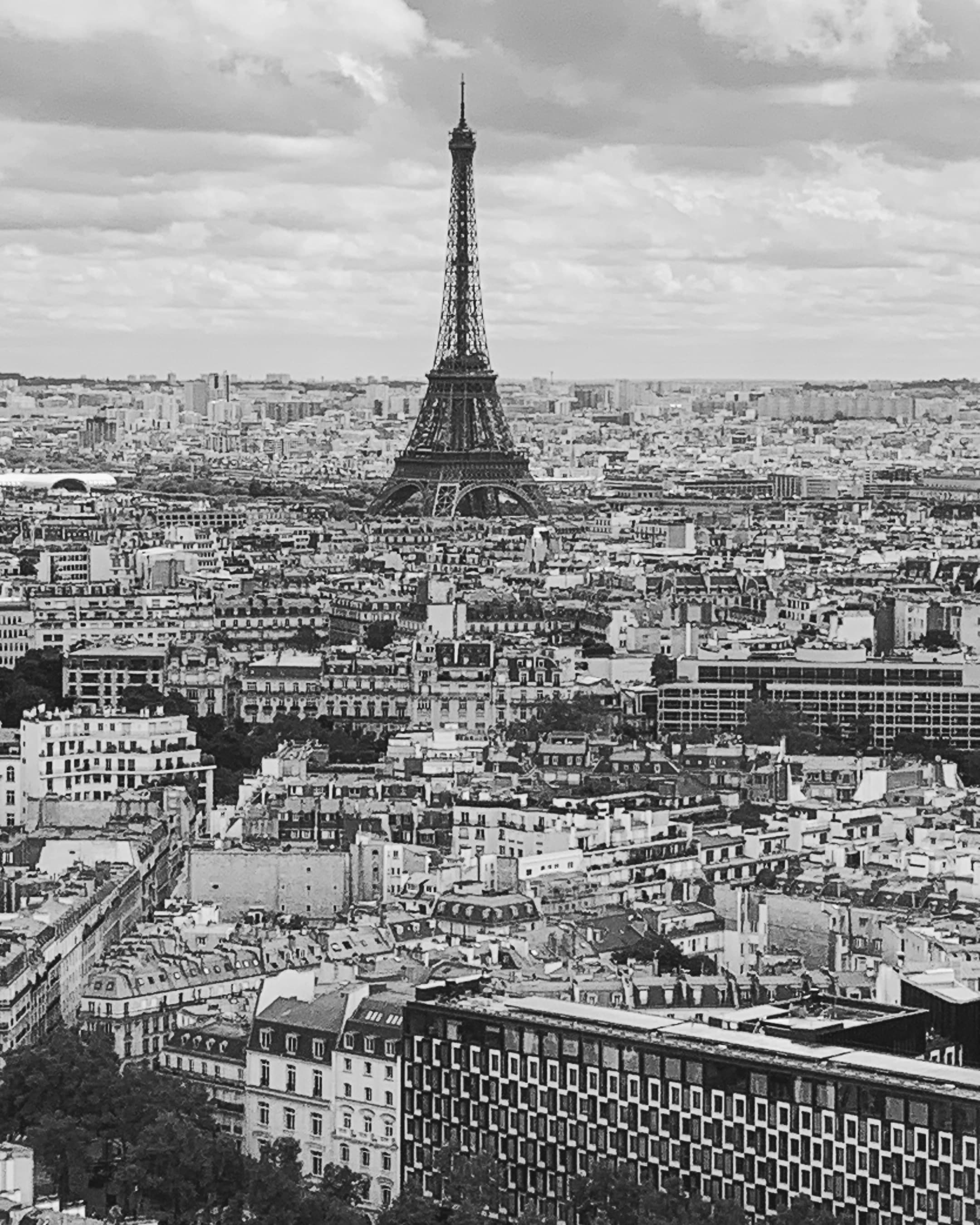 Black and white view of the Paris skyline with the Eiffel Tower taking center stage