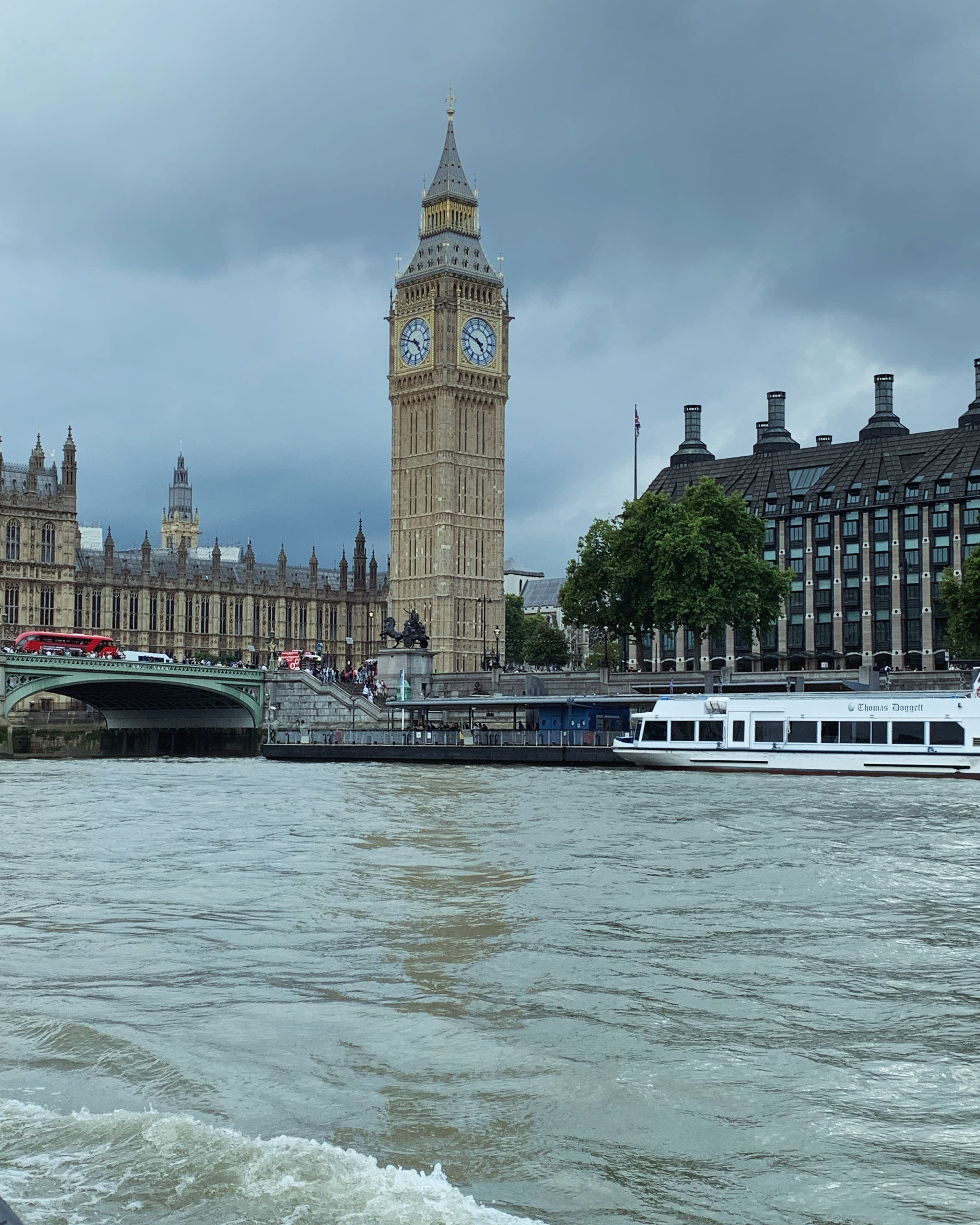 View of Big Ben from across the Thames river on a cloudy day