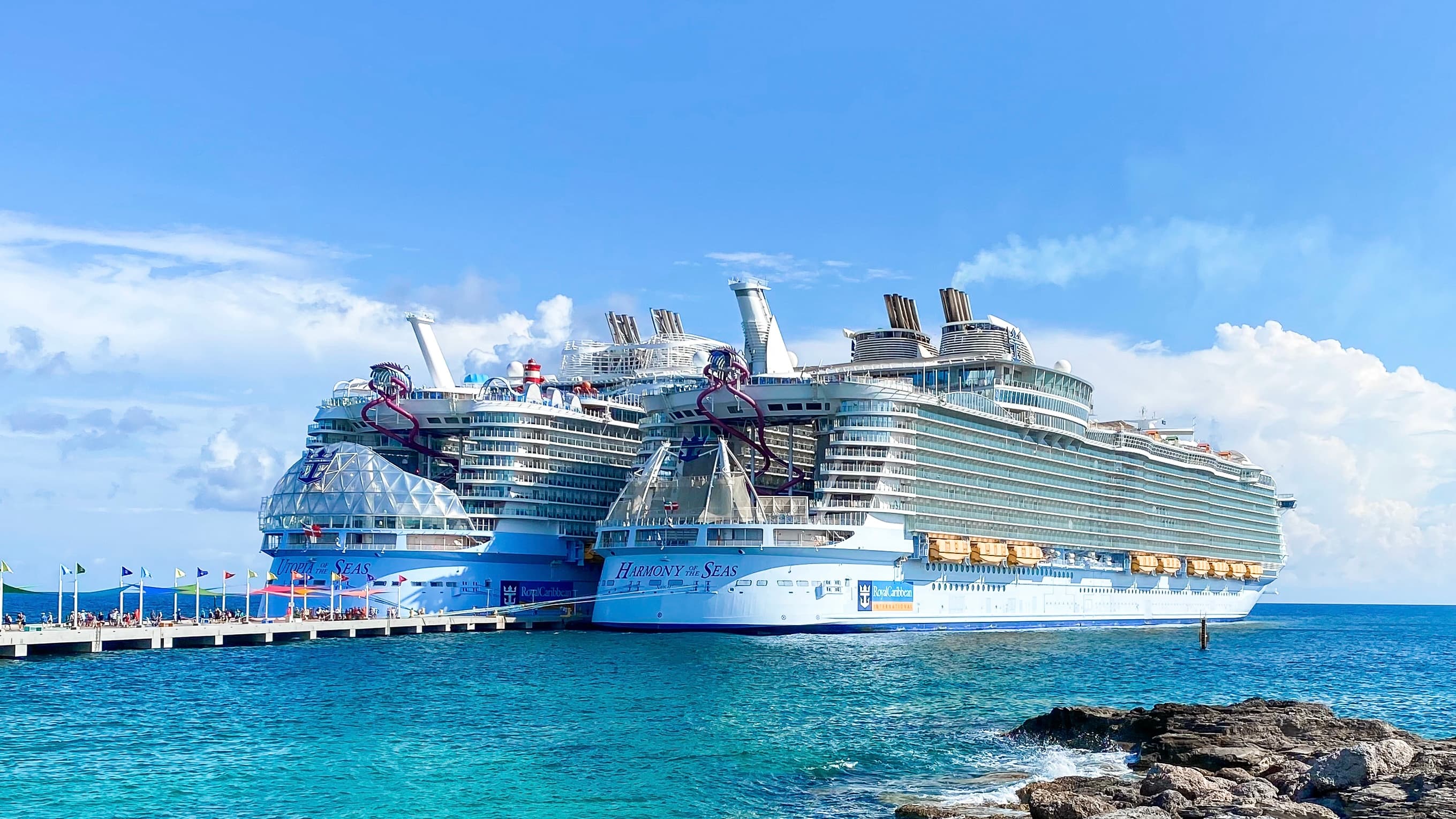View of two large cruise ships in port on a sunny day