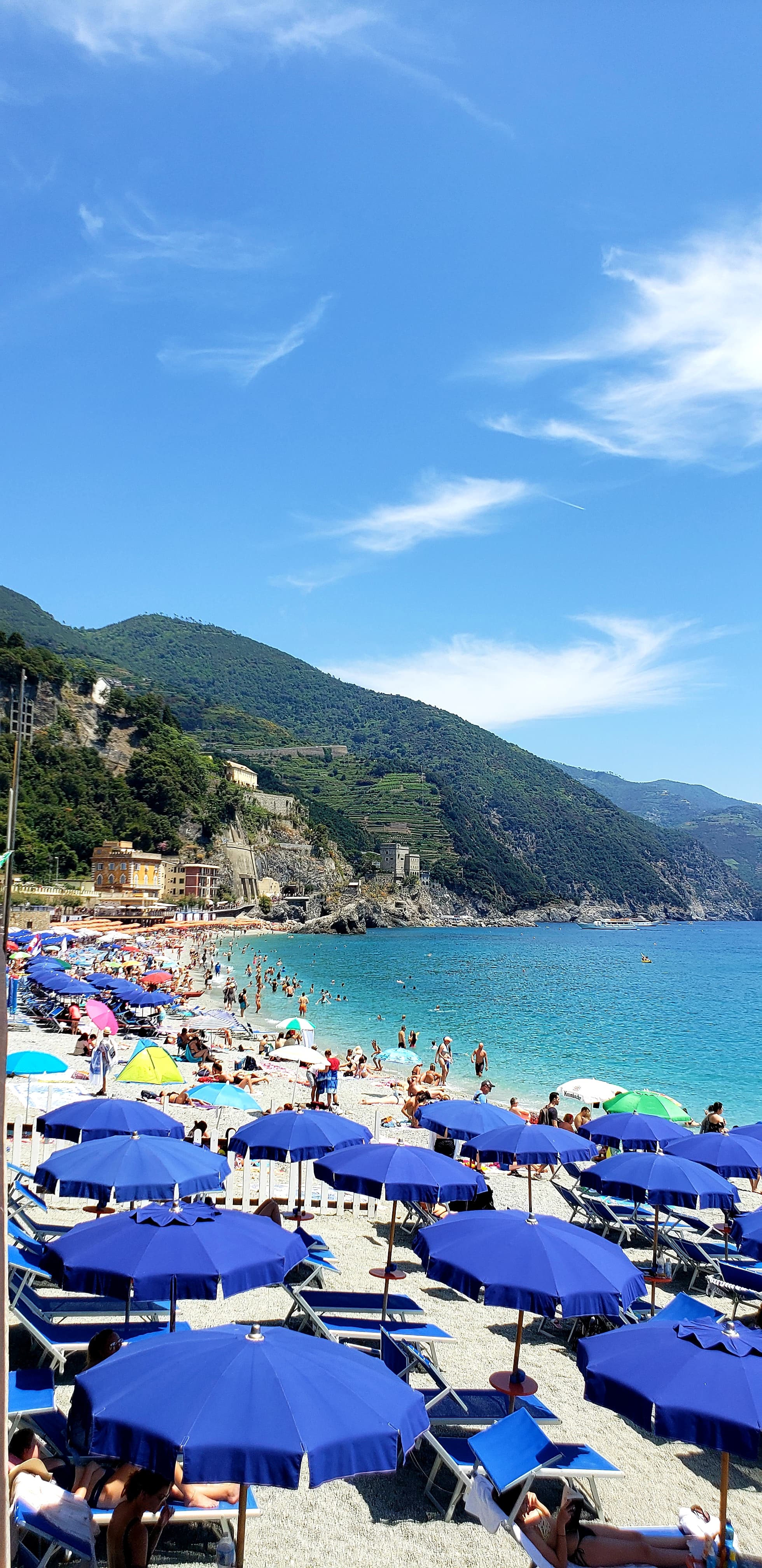 View of blue umbrellas lined up on a crowded beach