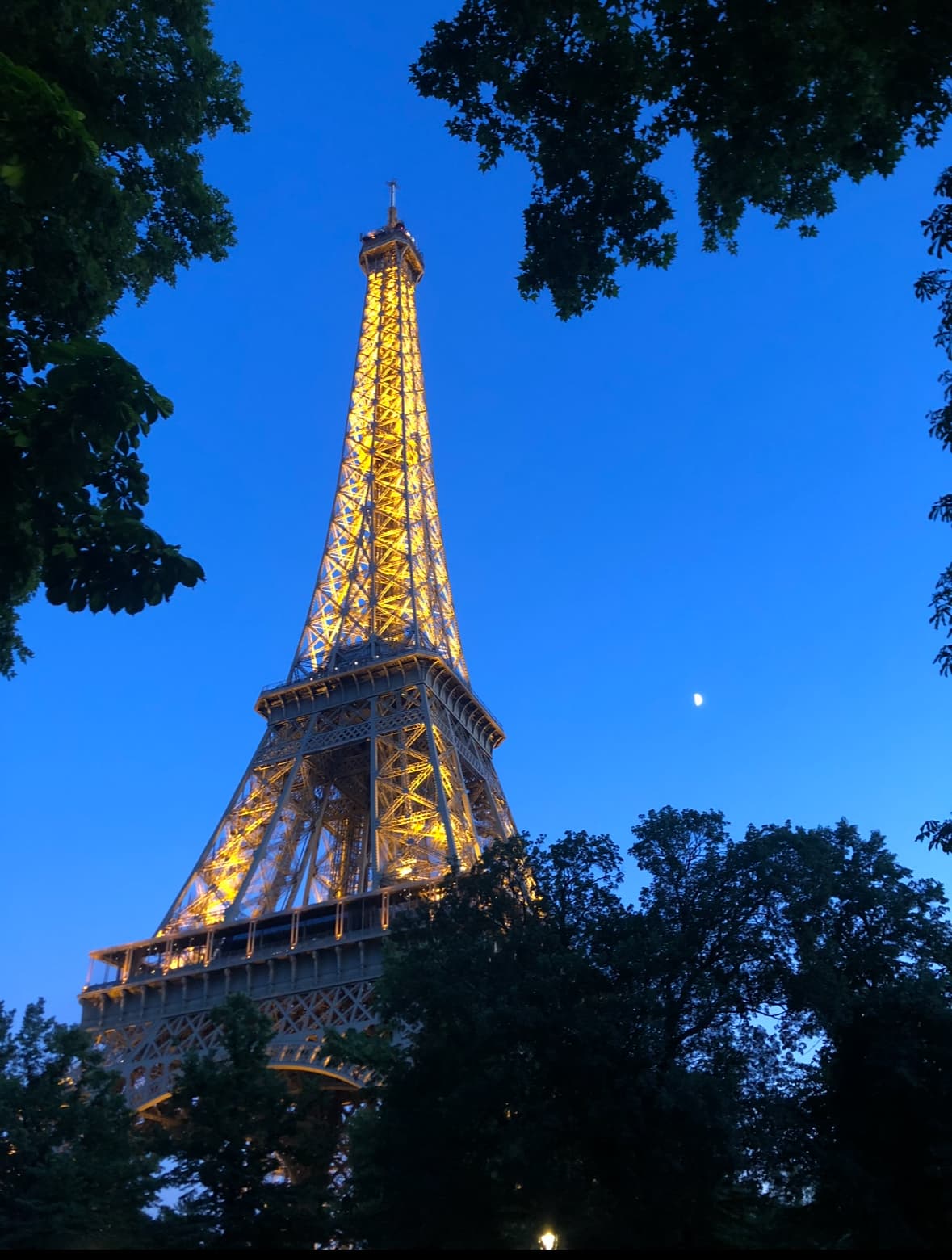 The Eiffel Tower lit up at night in front of a deep blue sky.