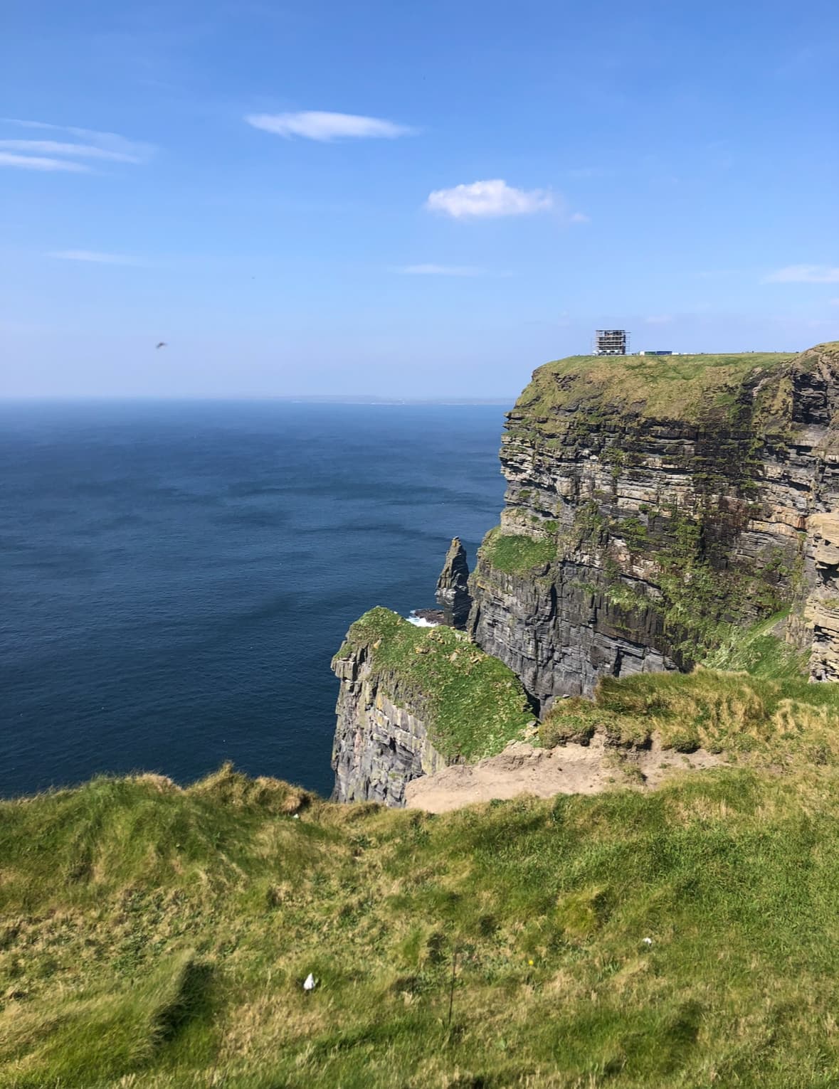 A green and rocky cliff overlooking vast blue waters.