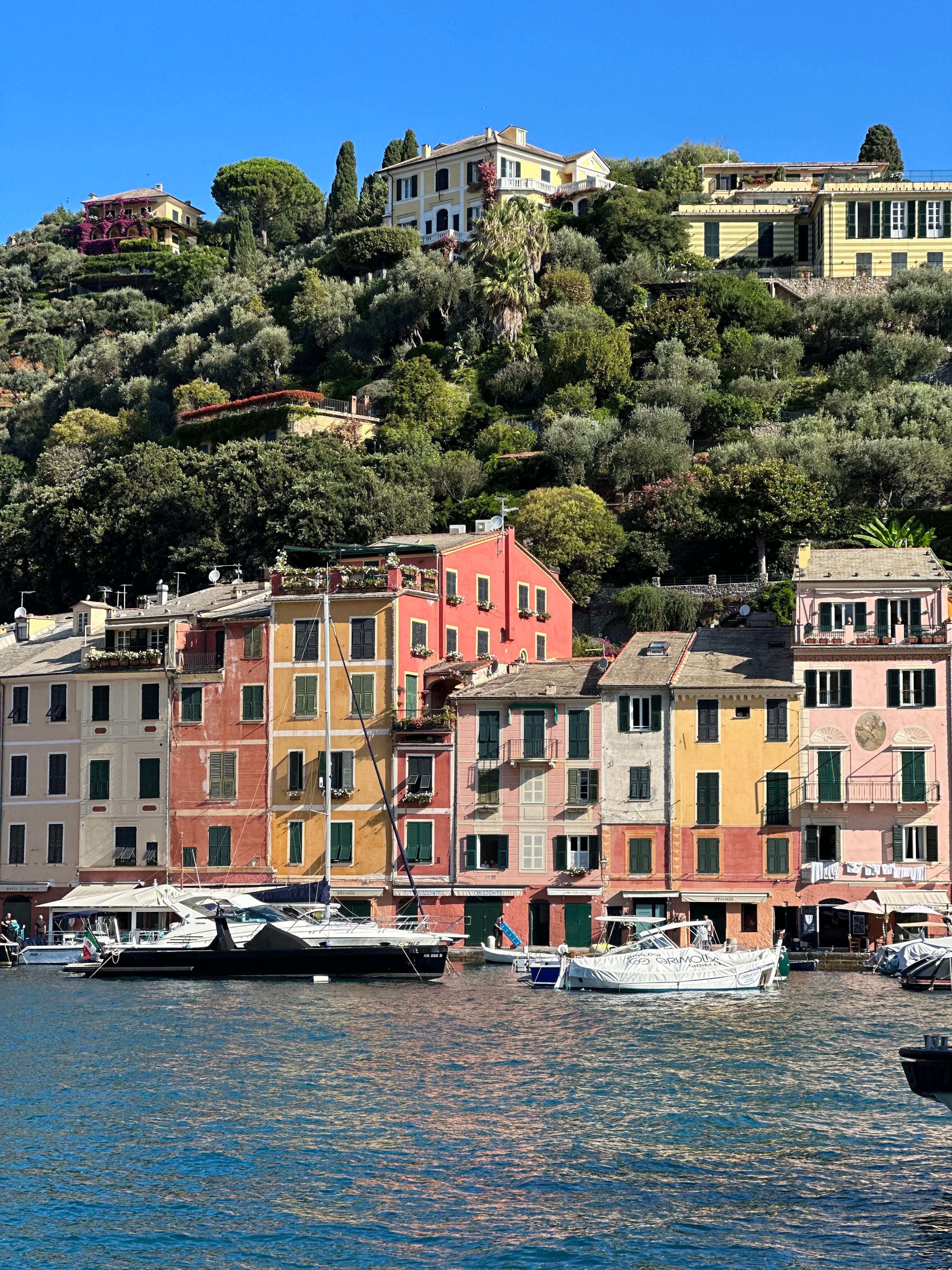 Colorful buildings in Portofino with small boats docked to shore