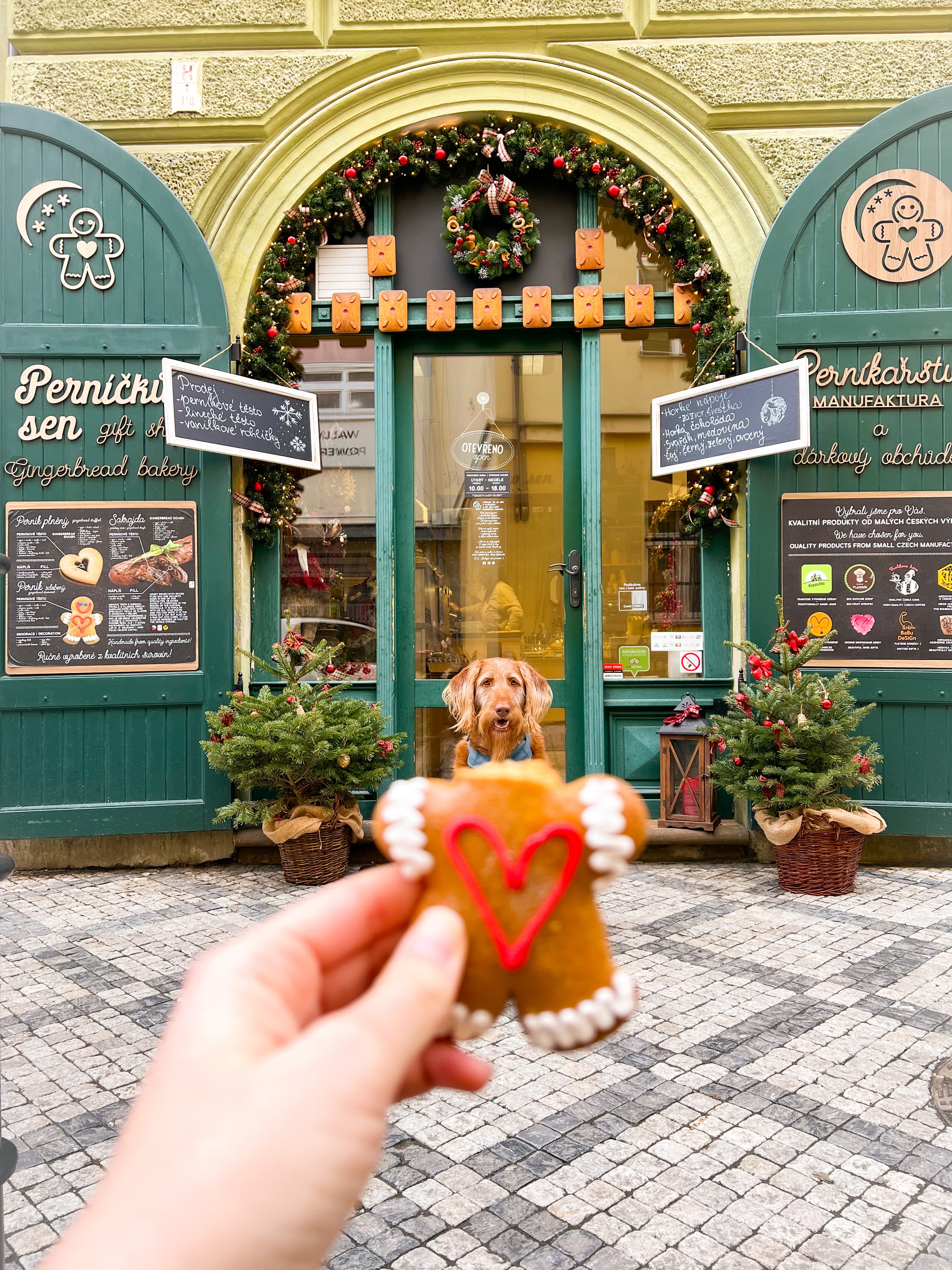 View of a hand holding a gingerbread cookie in front of a green storefront