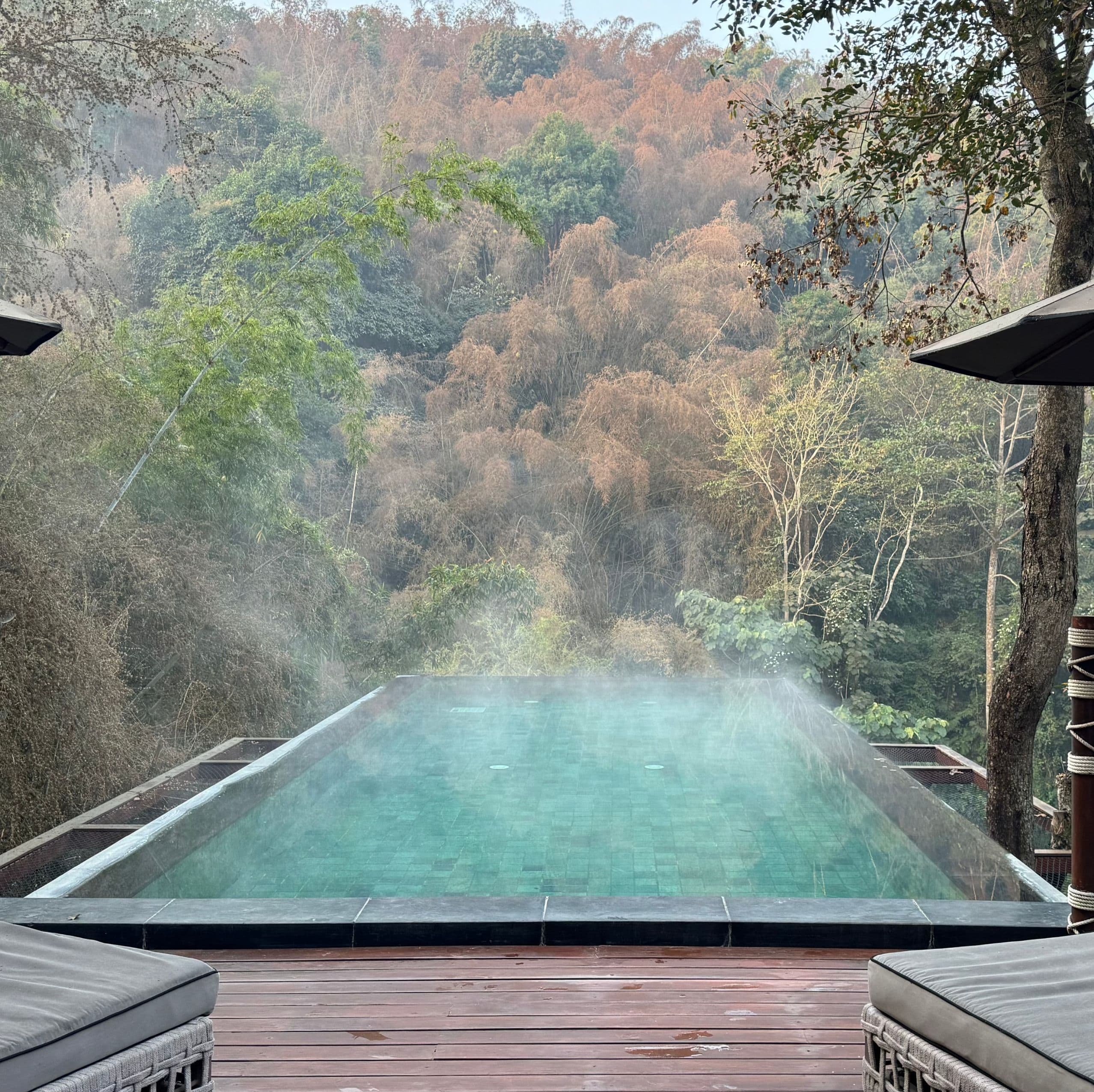 An image of a pool with a nature setting in the distance.