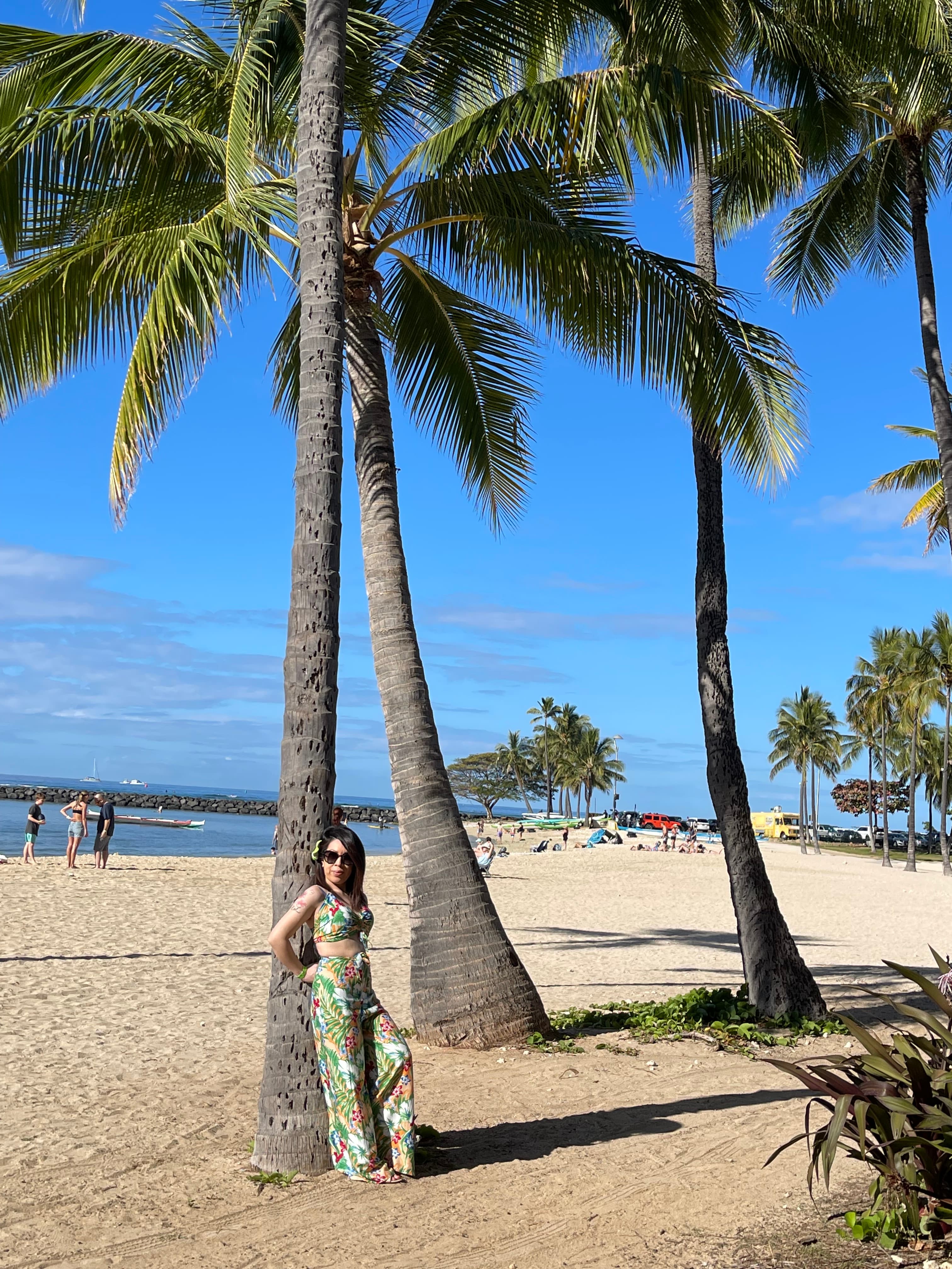 Advisor leaning against a palm tree on the beach on a sunny day