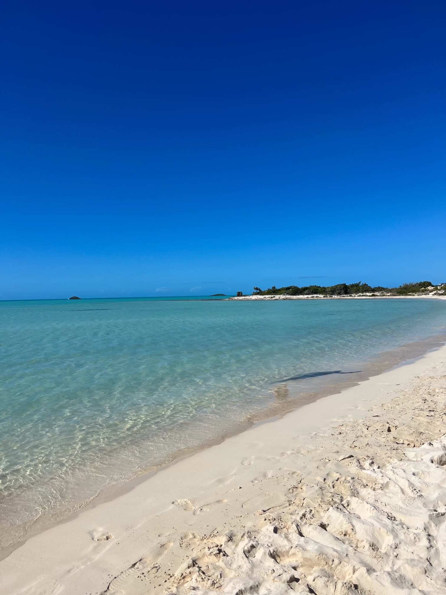 View of an empty and calm white sand beach on a clear day