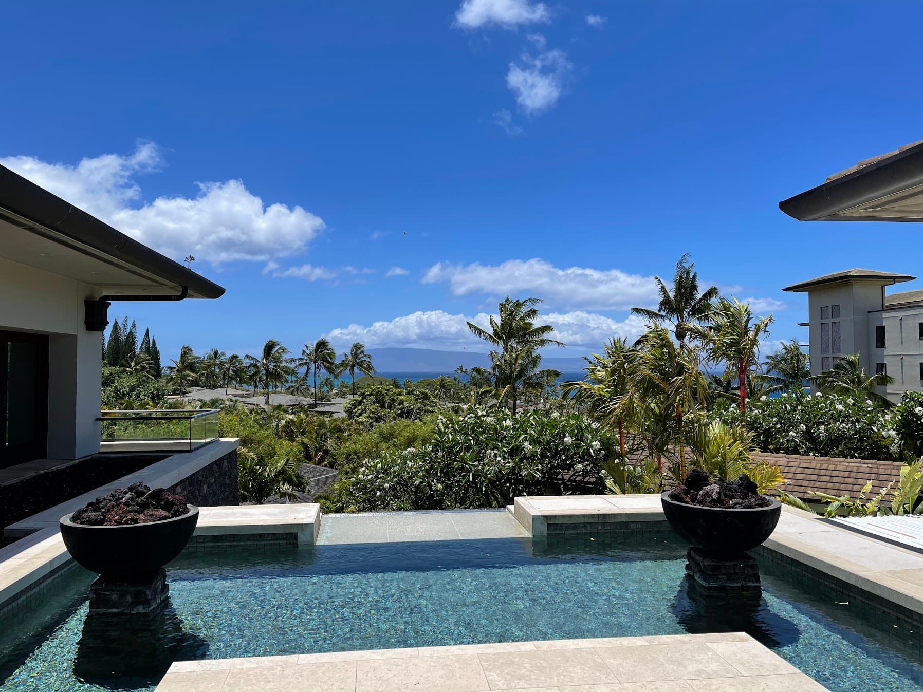 A view of a swimming pool that looks out to lush foliage and the vibrant blue sky.