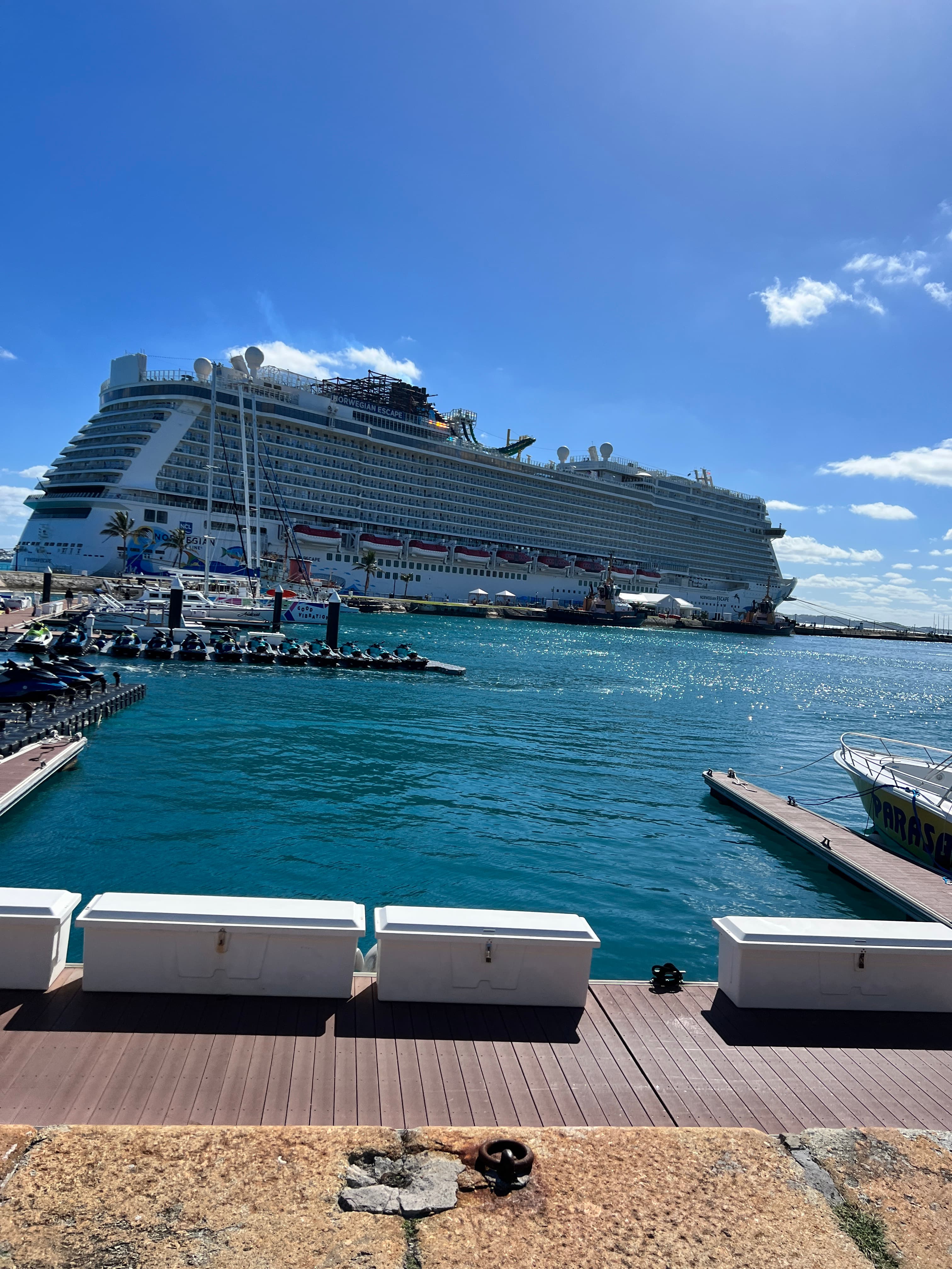 A view of a cruise ship in a harbor.