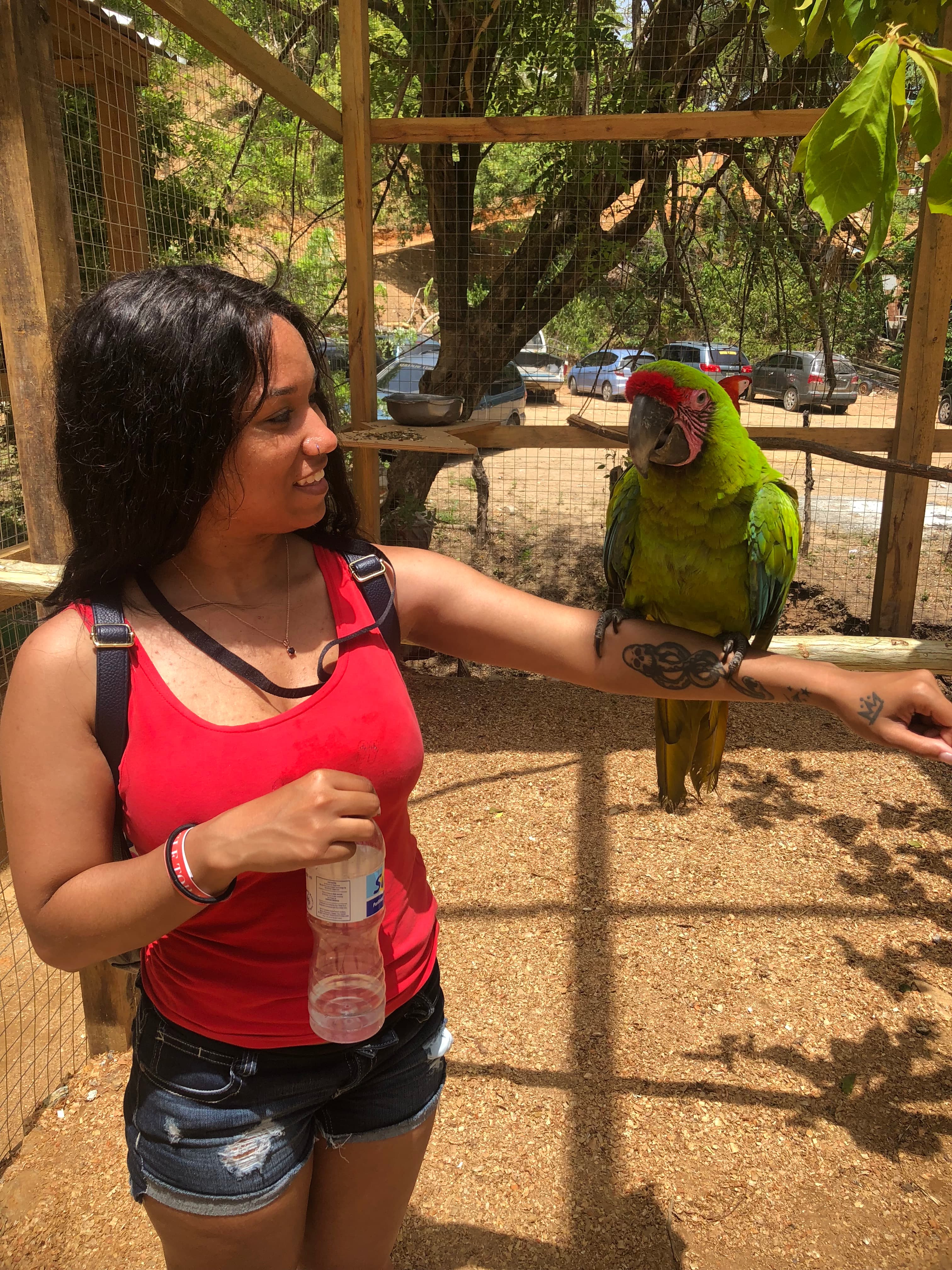 An advisor posing with a parrot on their arm outside.