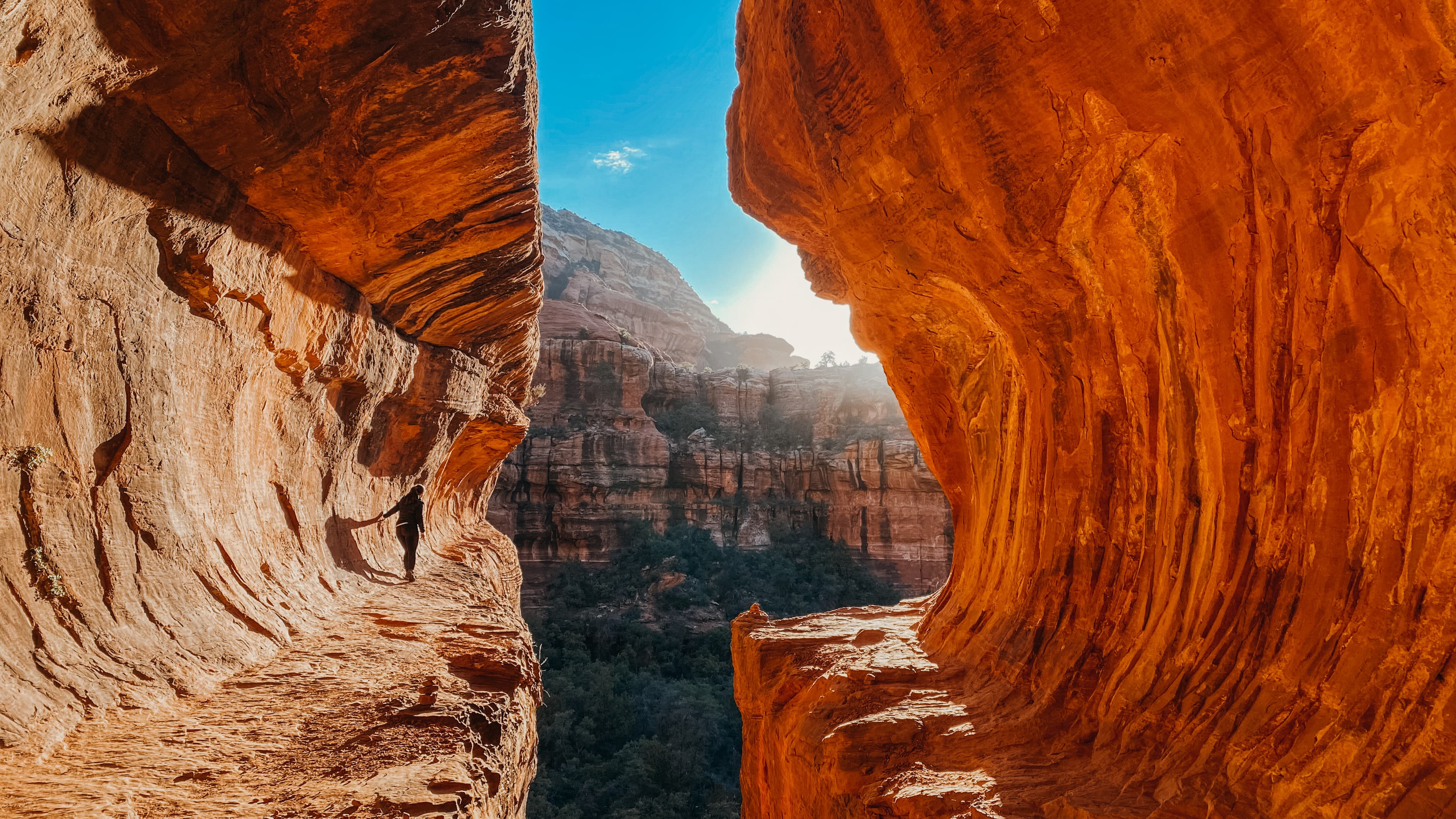 Rock formations gleam in the sunshine in a canyon.