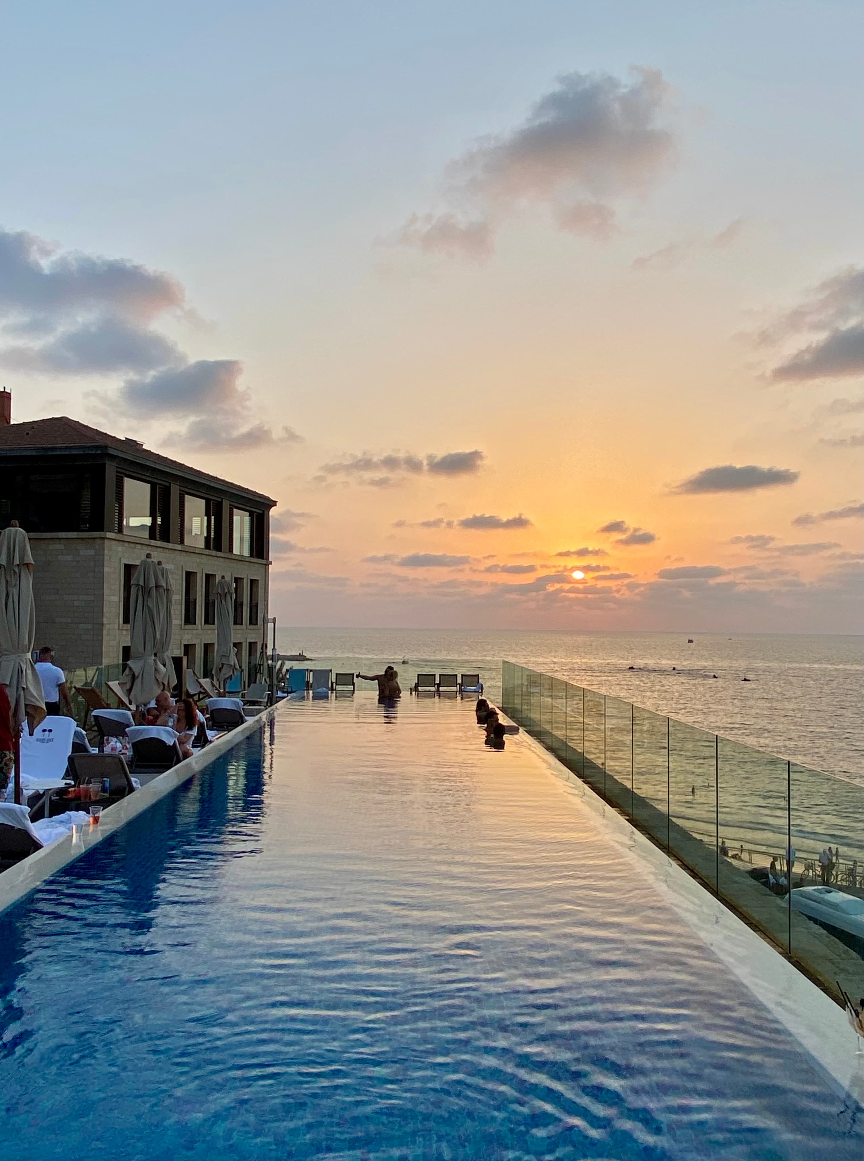 View of a pool during sunset.