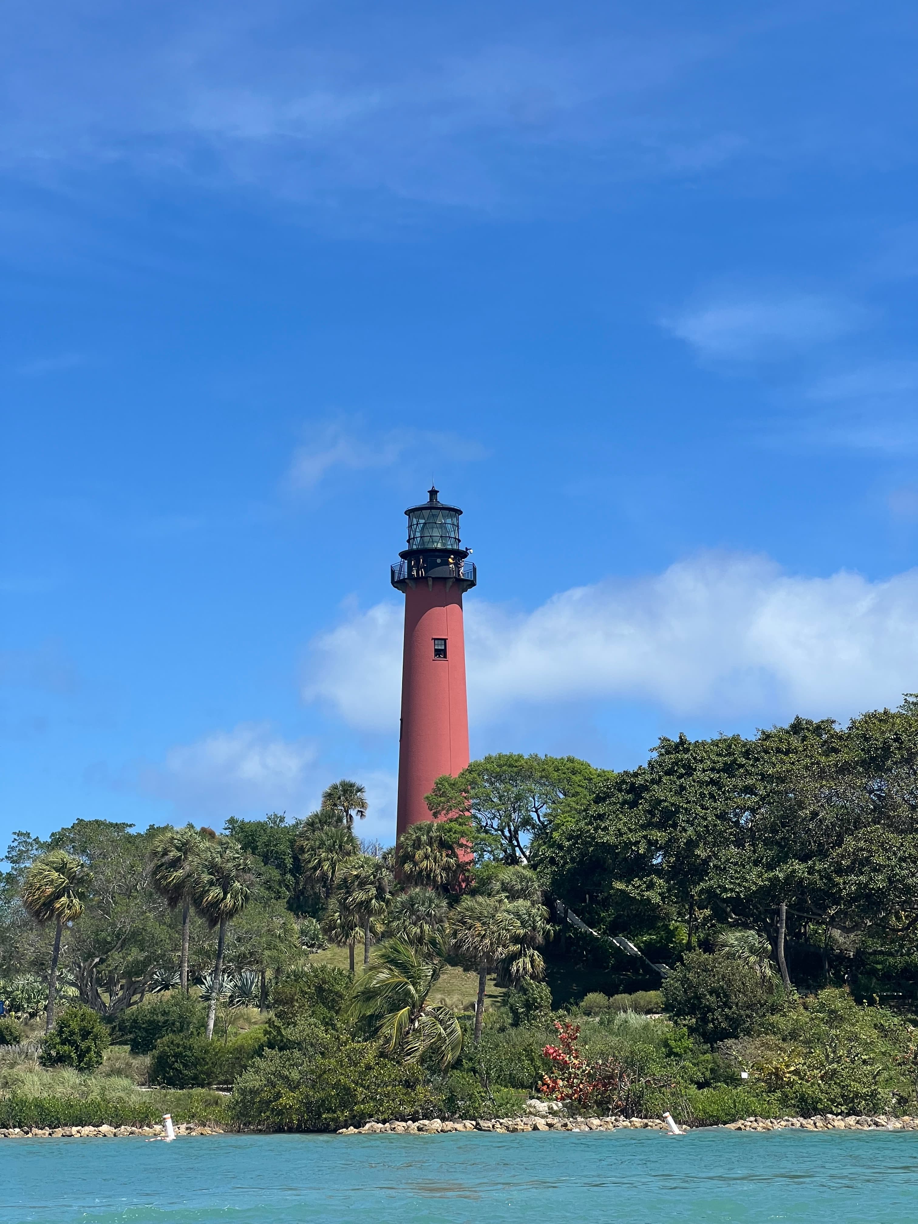 A lighthouse surrounded by trees and water during the daytime.