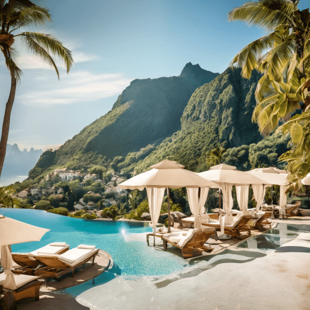 Lounge chairs next to a pool with green mountains in the background.