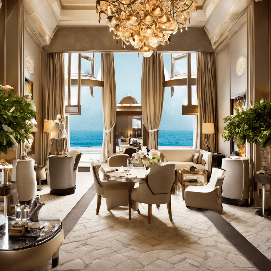 A hotel suite with white chairs and a white couch overlooking the ocean.