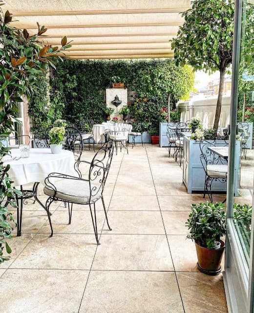 A patio with metal chairs and lots of plants.
