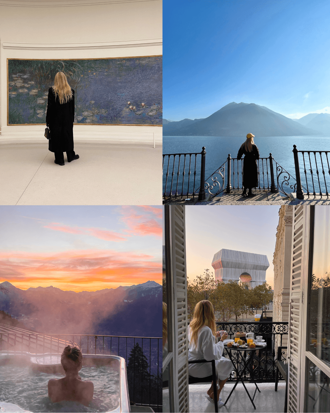 Collage of photos of Nicola in various places.